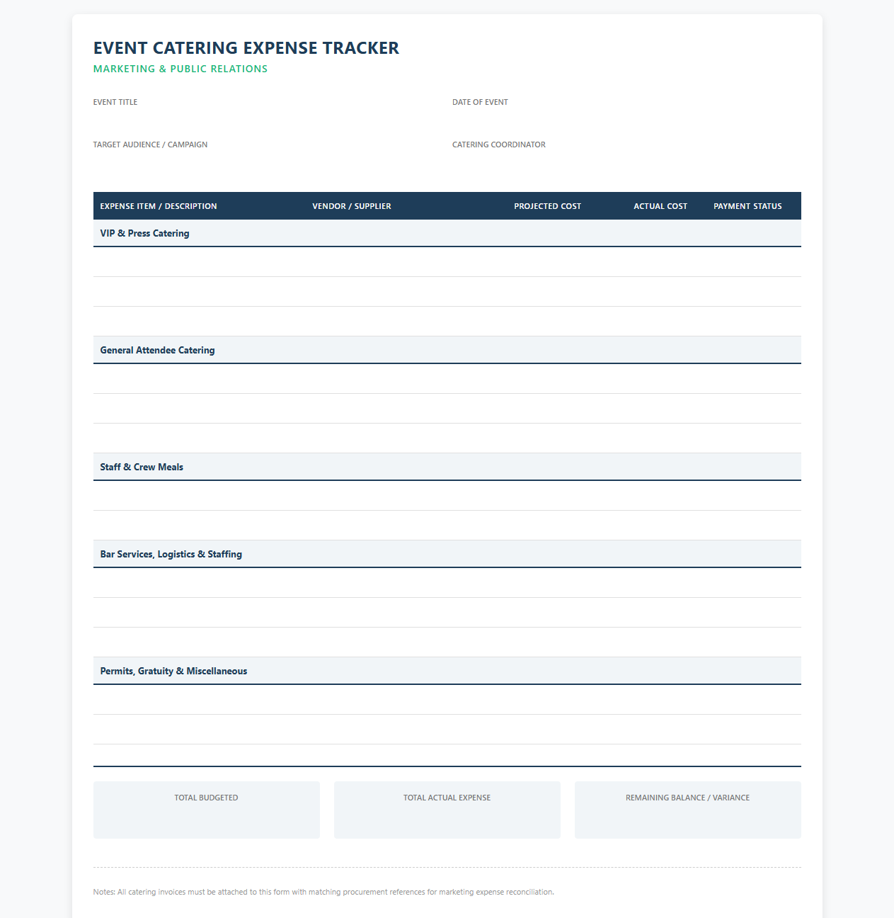 Event Catering Expense Tracker for Marketing and PR