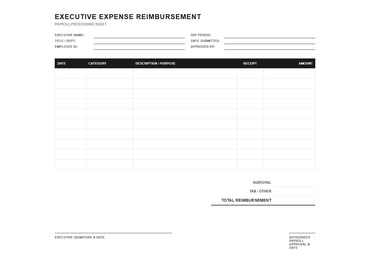 Executive Expense Reimbursement Payroll Sheet