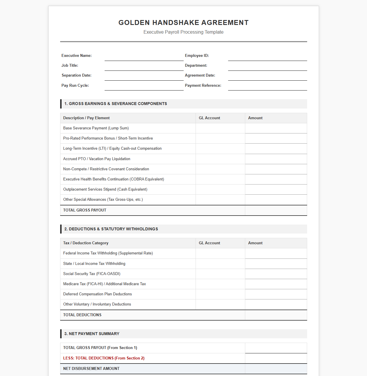 Executive Golden Handshake Payroll Processing Template