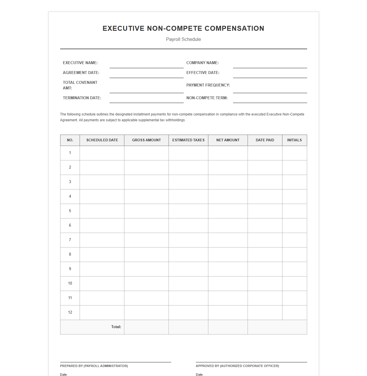 Executive Non-Compete Compensation Payroll Schedule