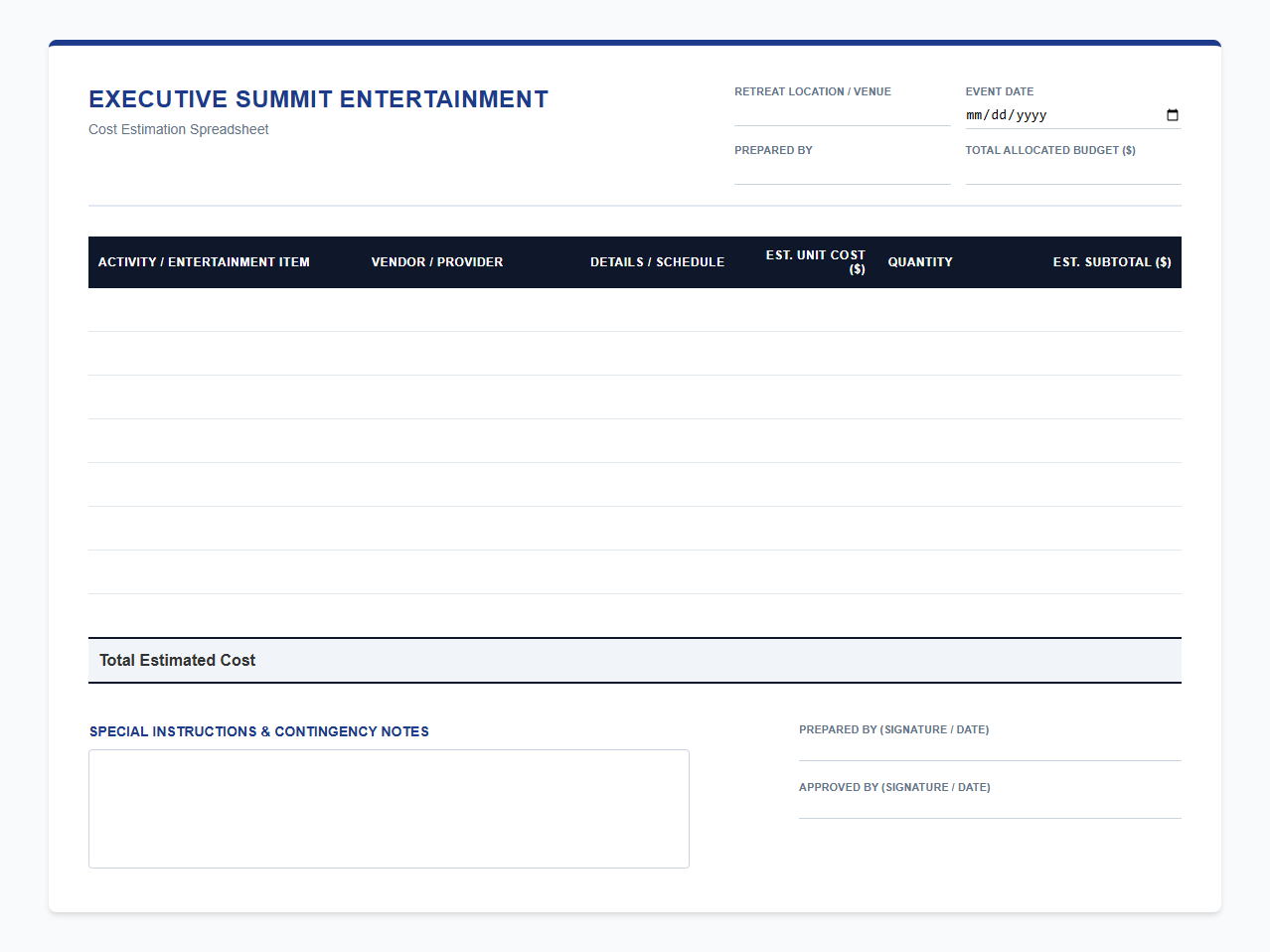 Executive Summit Entertainment Cost Estimation Spreadsheet