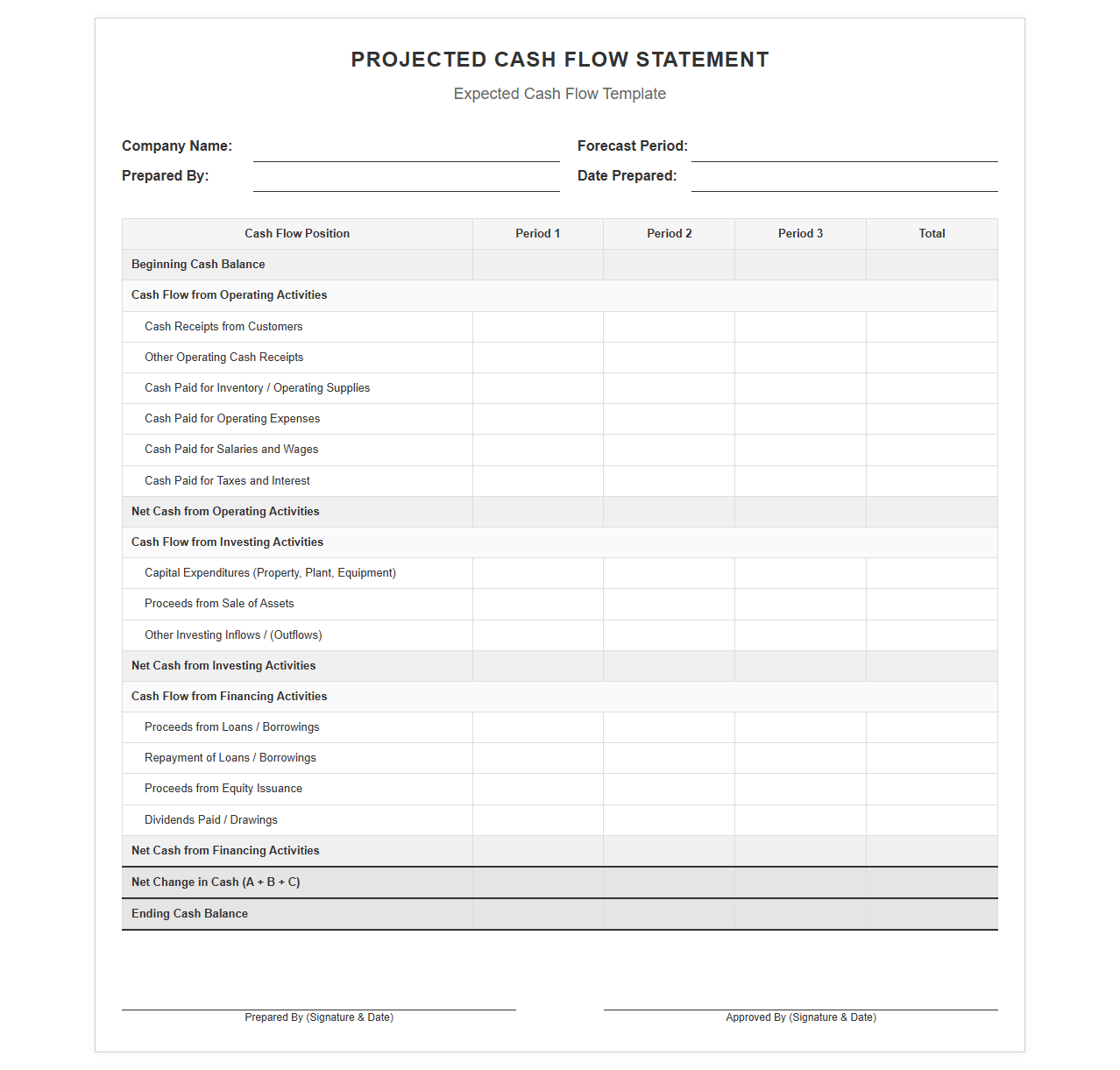 Expected Cash Flow Statement Template
