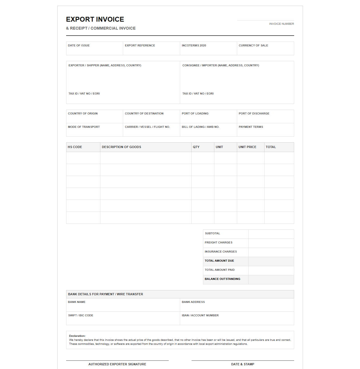 Export Sales Invoice and Receipt Template