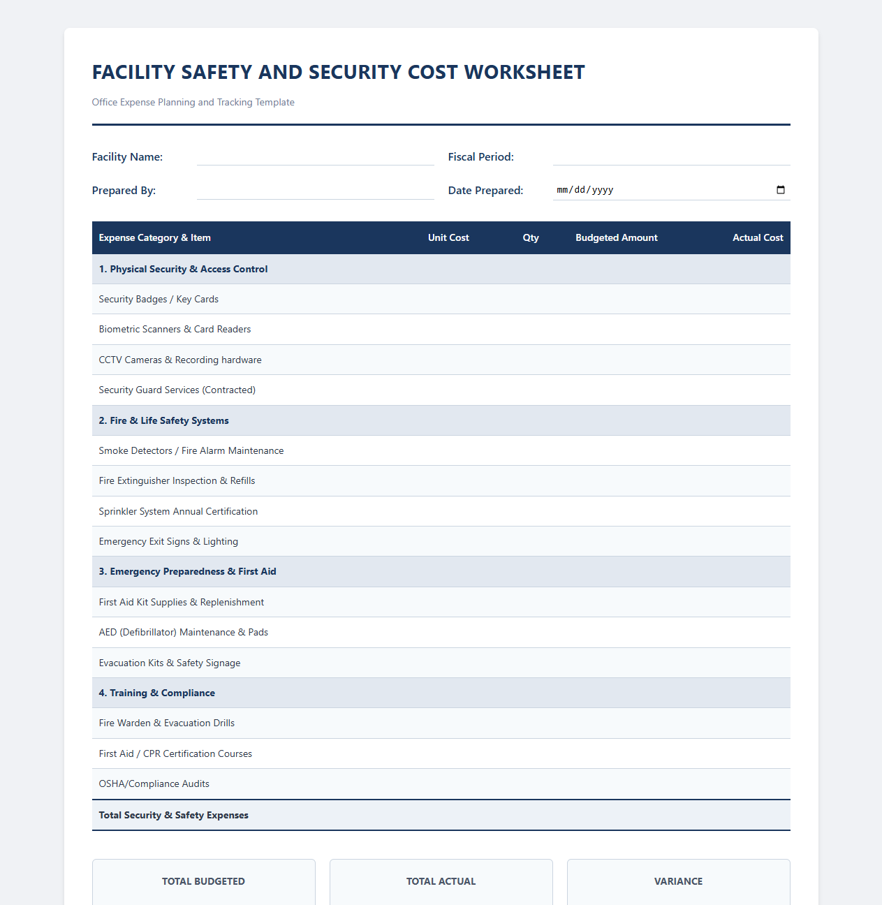 Facility Safety and Security Cost Worksheet