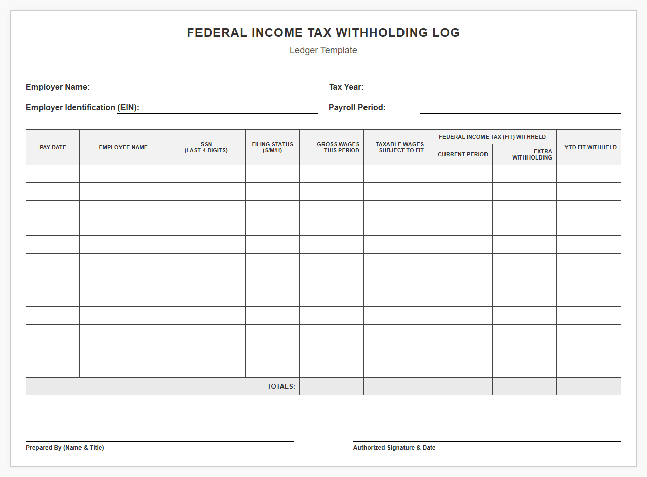 Federal Income Tax Withholding Log Template