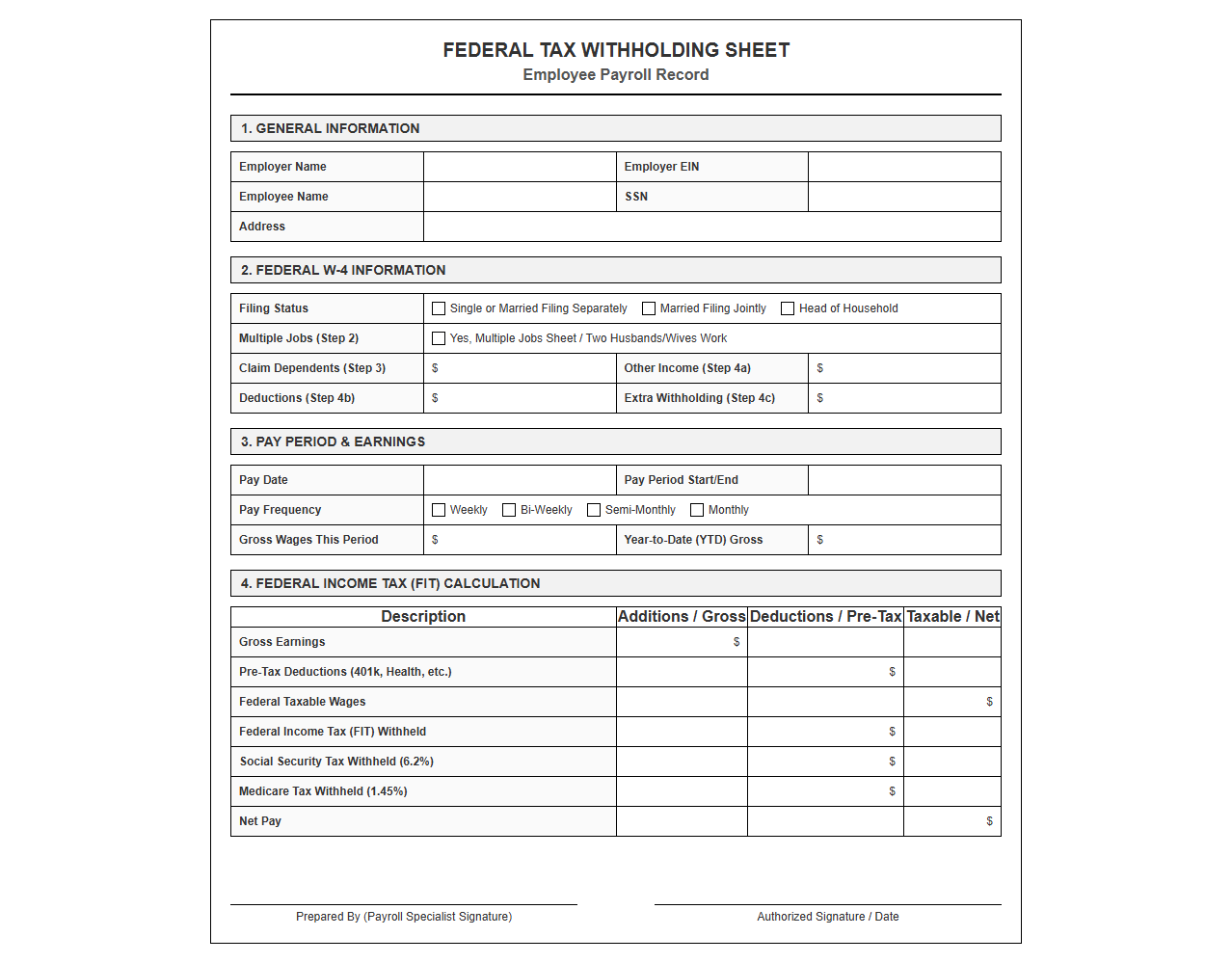 Federal Tax Withholding Sheet for Employee Payroll