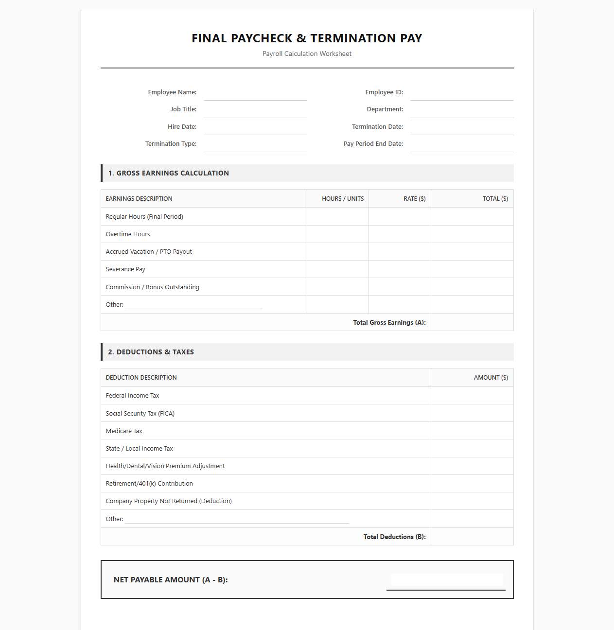Final Paycheck Calculator Template