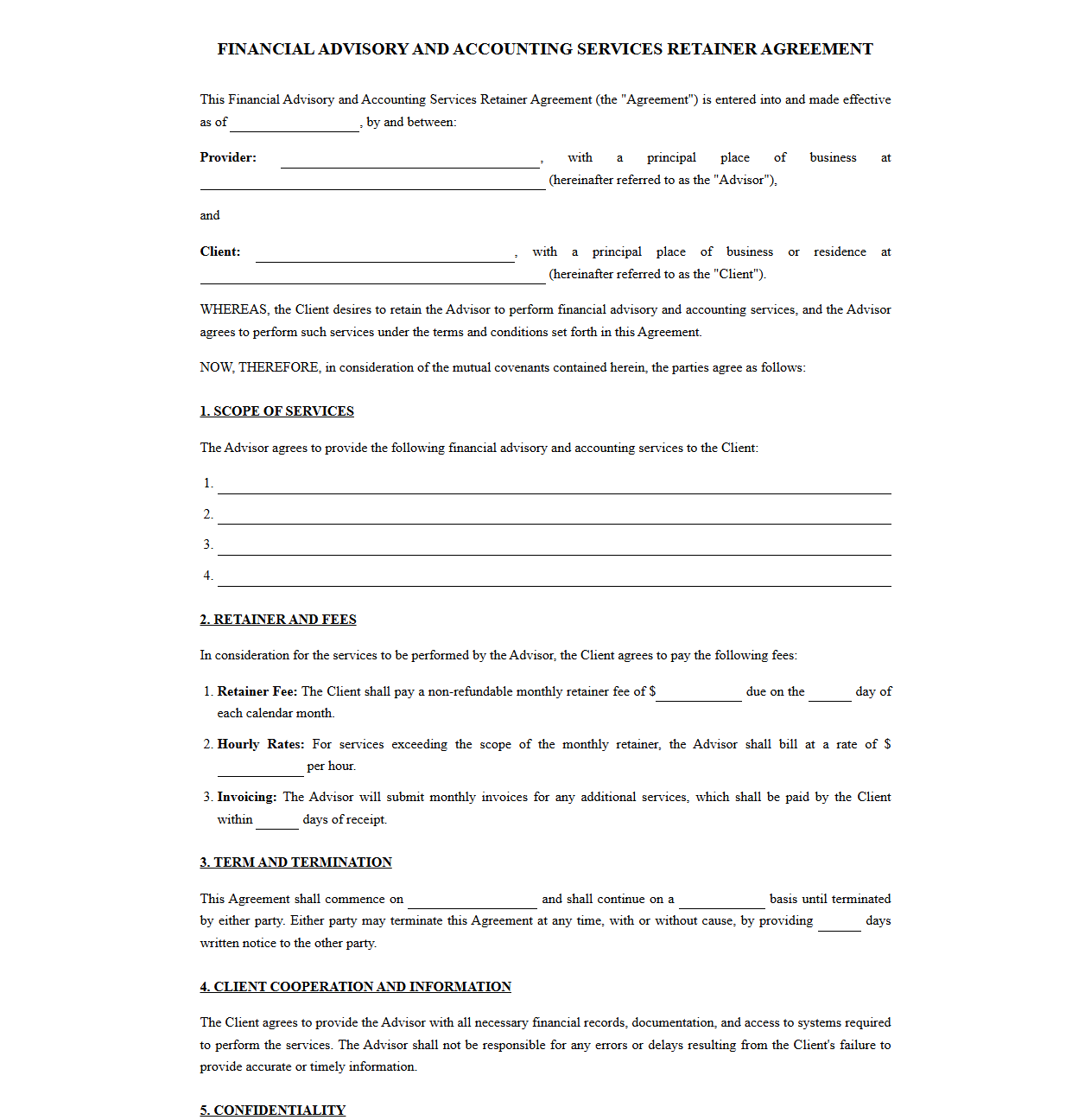 Financial Advisory and Accounting Services Retainer Agreement