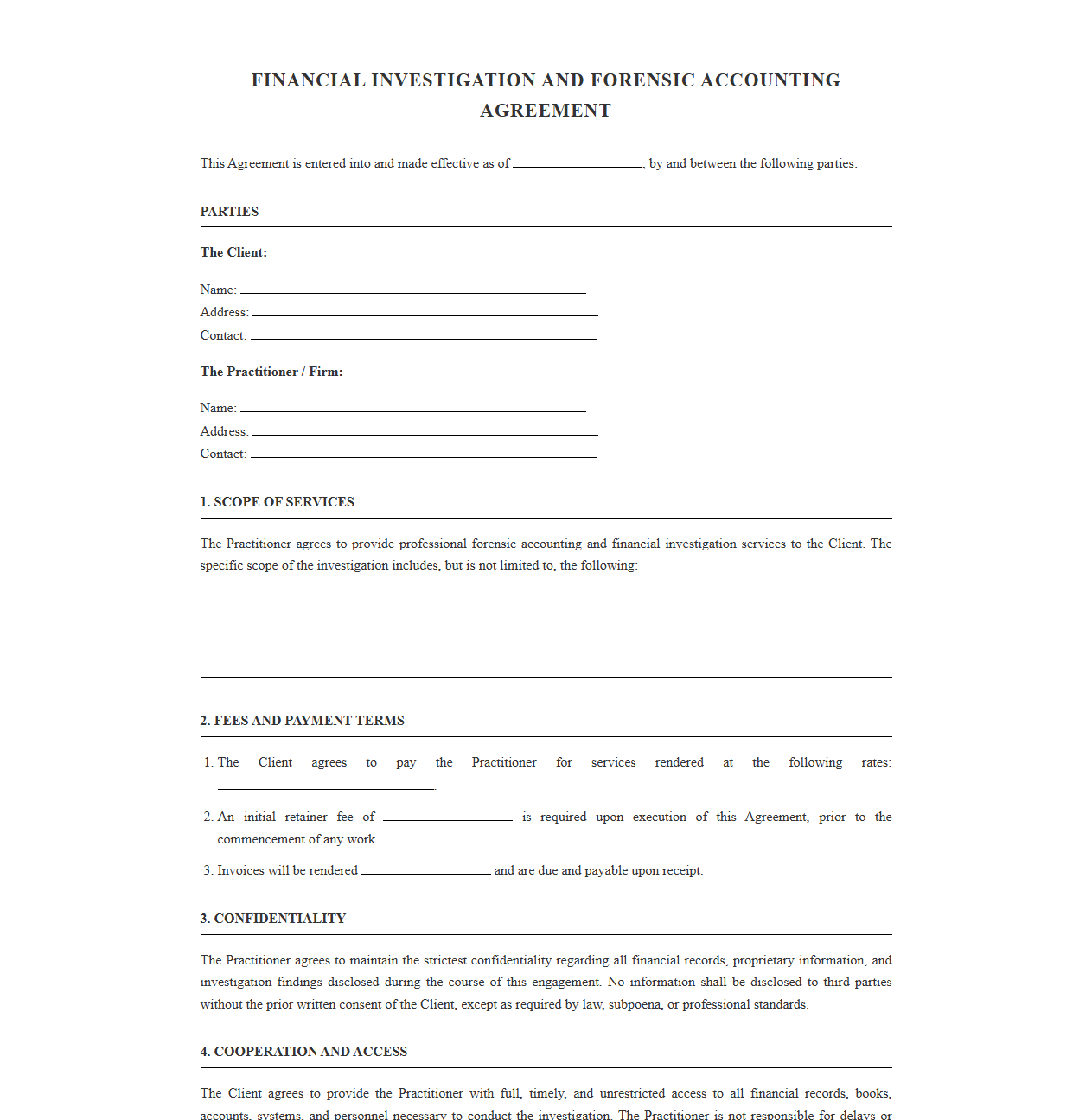 Financial Investigation and Forensic Accounting Agreement