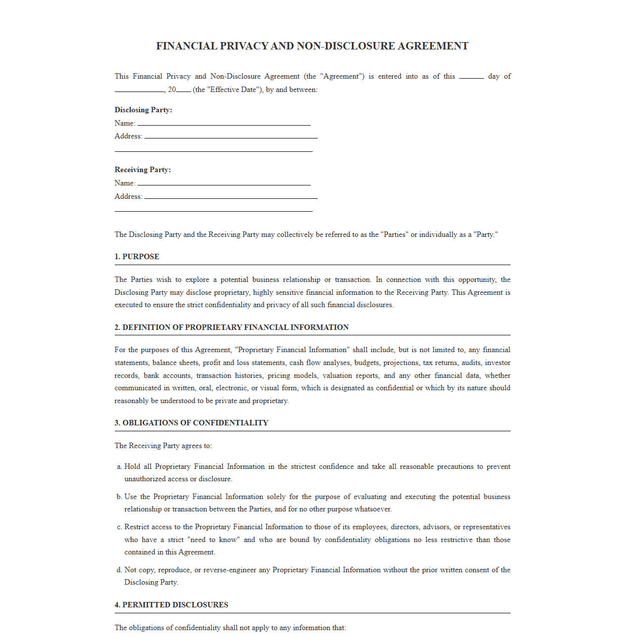 Financial Privacy and Non-Disclosure Agreement Template