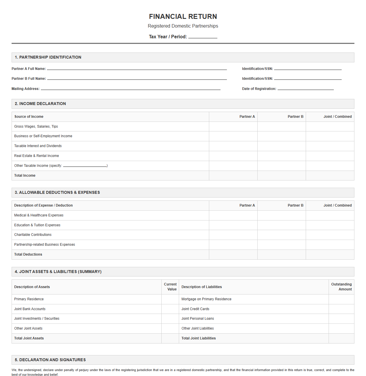 Financial Return Template for Registered Domestic Partnerships