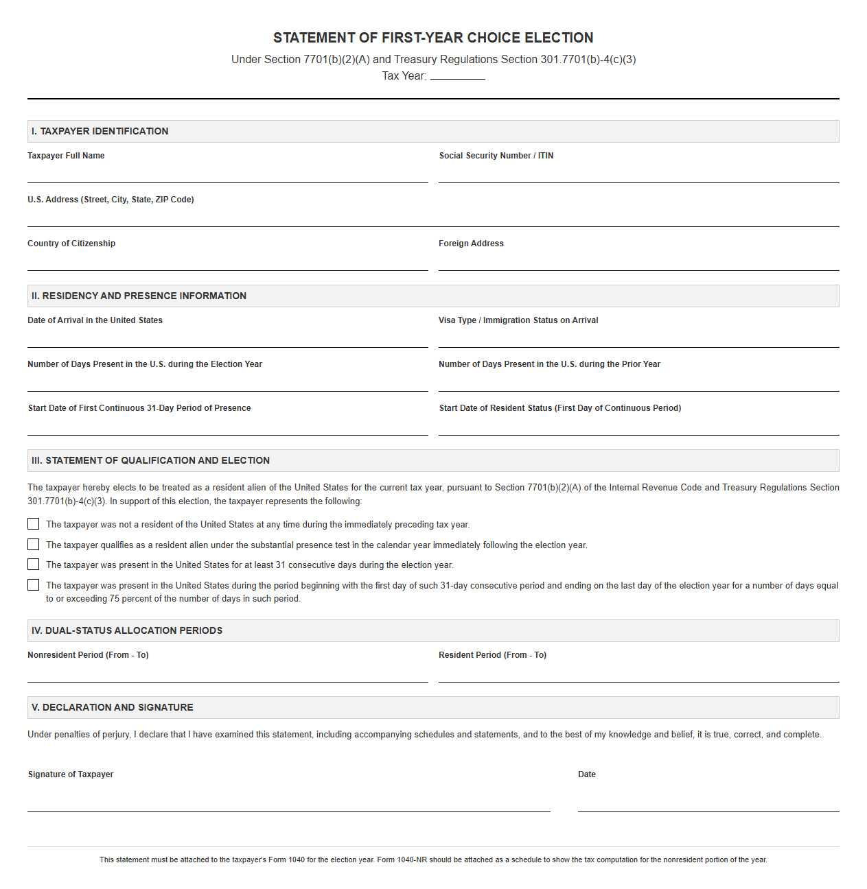 First-Year Choice Dual-Status Return Template