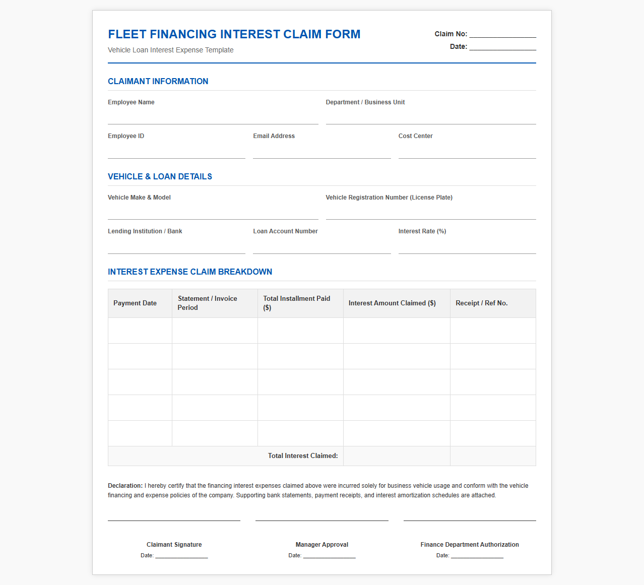 Fleet Financing Interest Claim Form