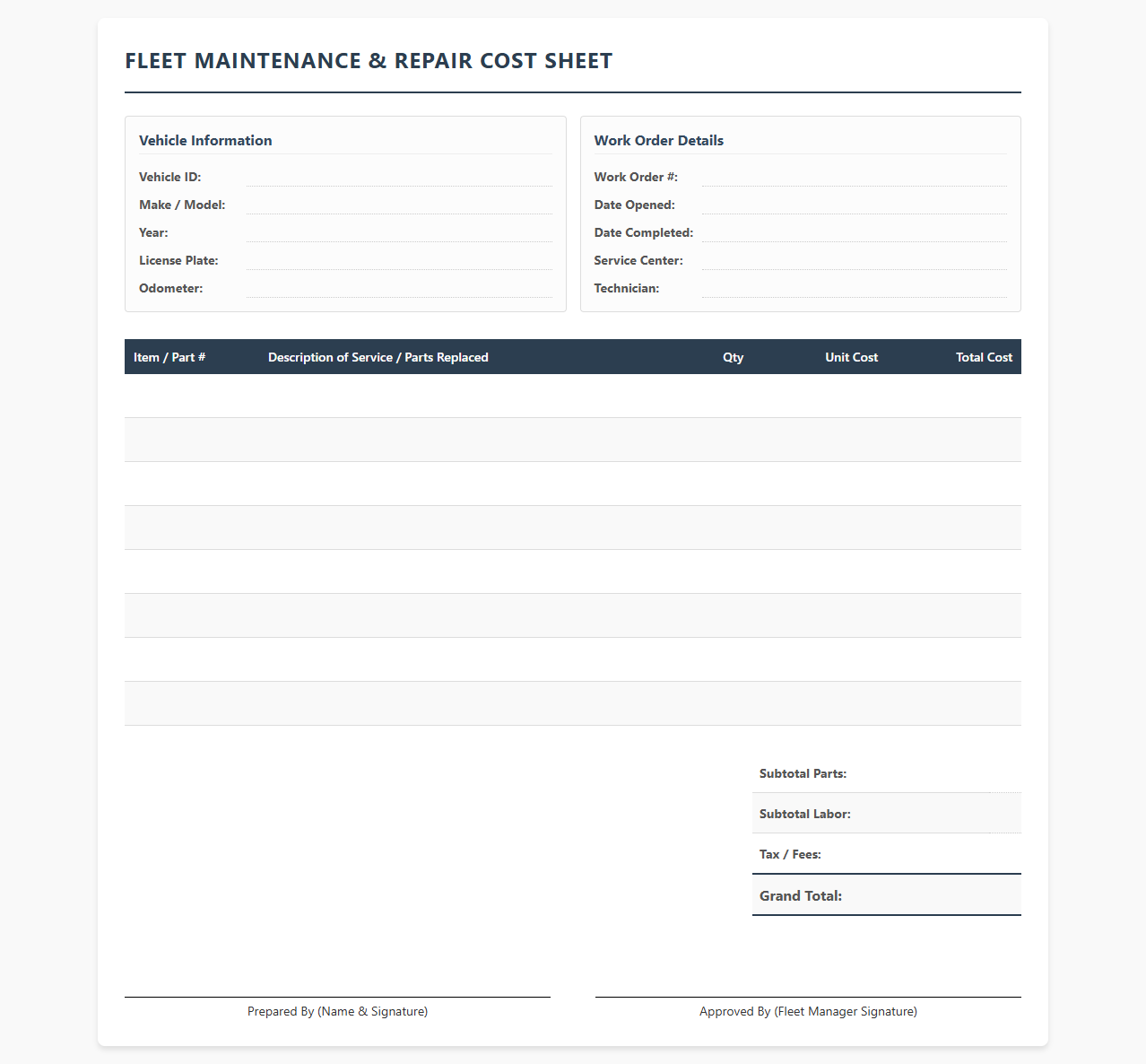 Fleet Maintenance and Repair Cost Sheet
