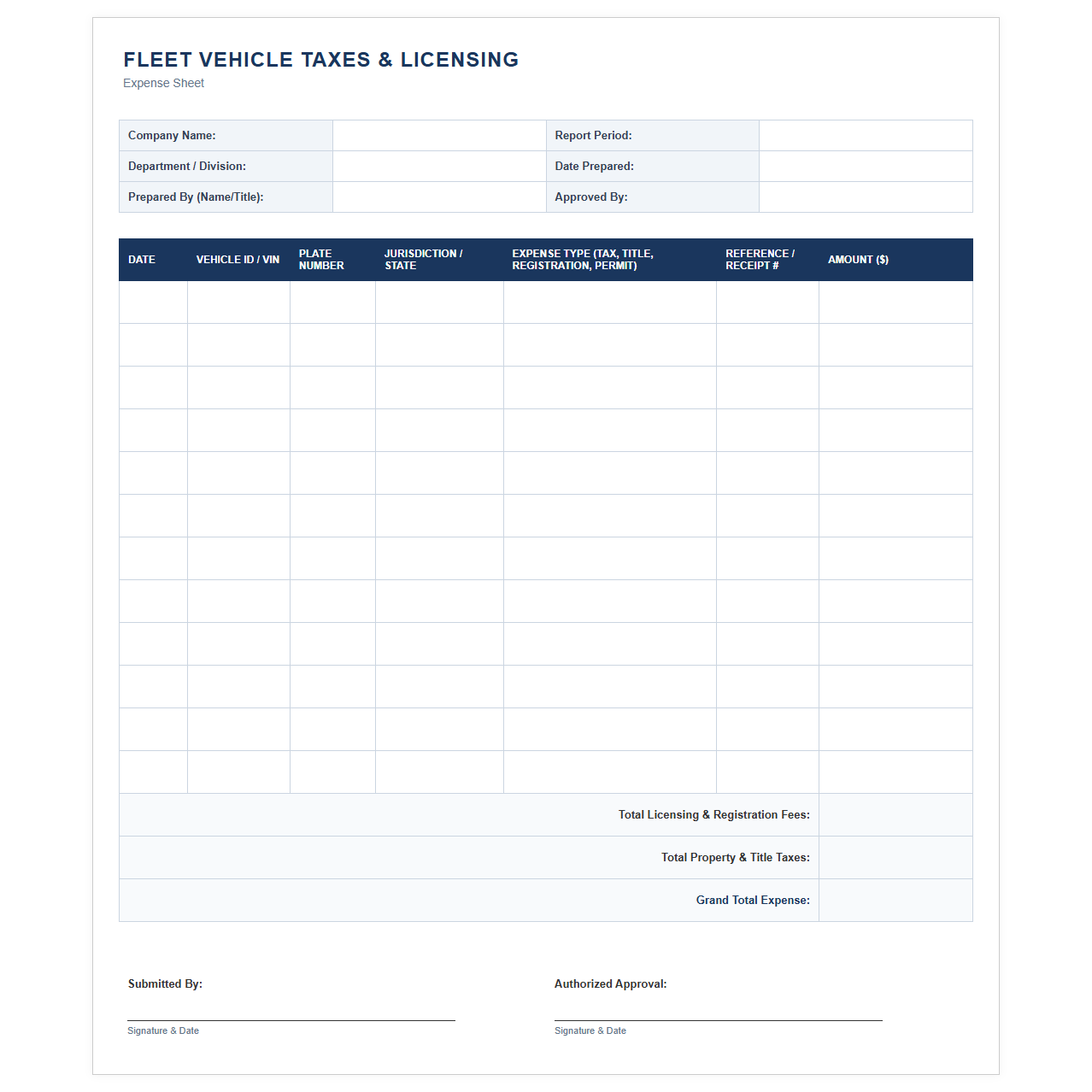 Fleet Vehicle Taxes and Licensing Expense Sheet