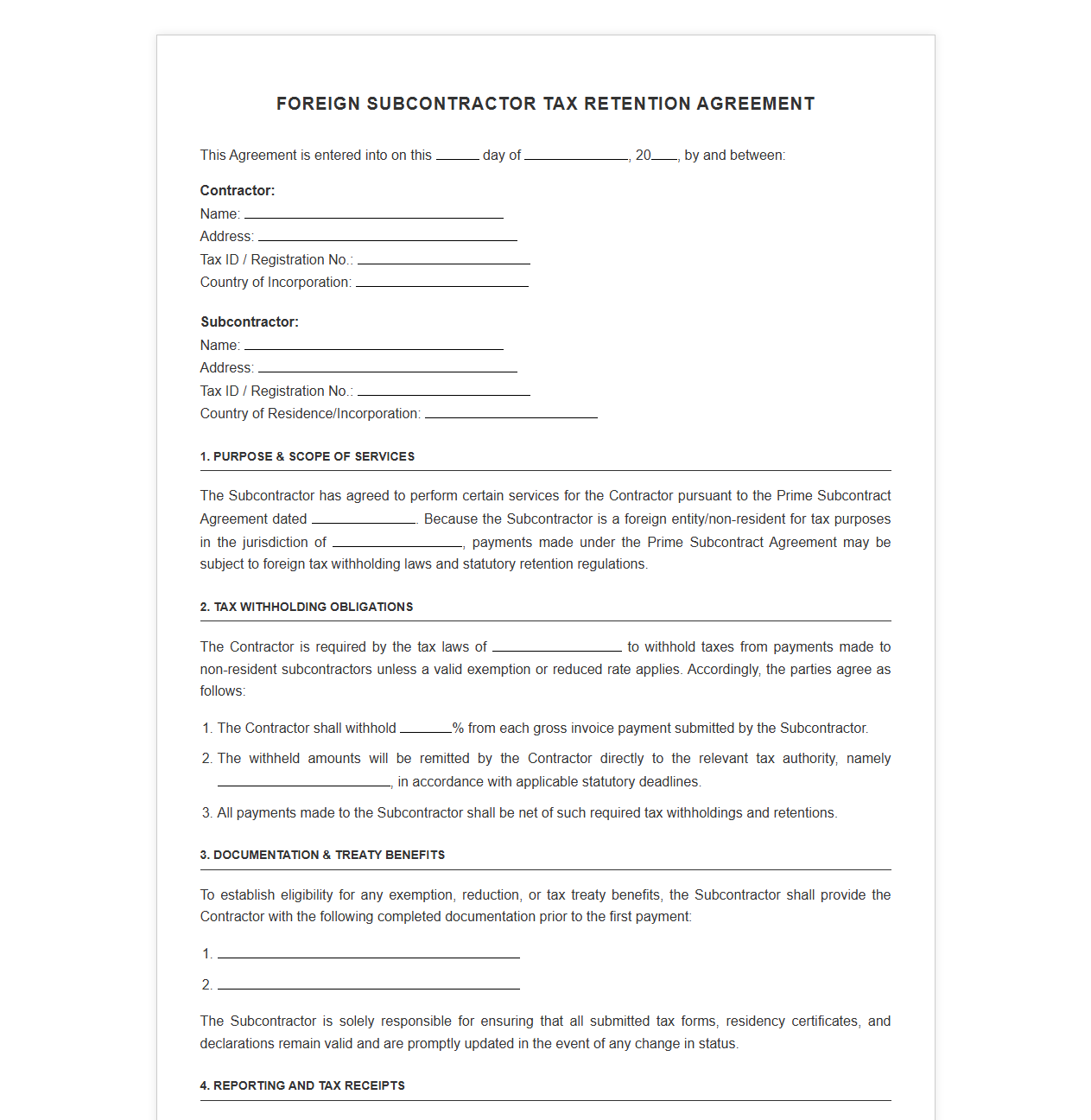 Foreign Subcontractor Tax Retention Agreement Template