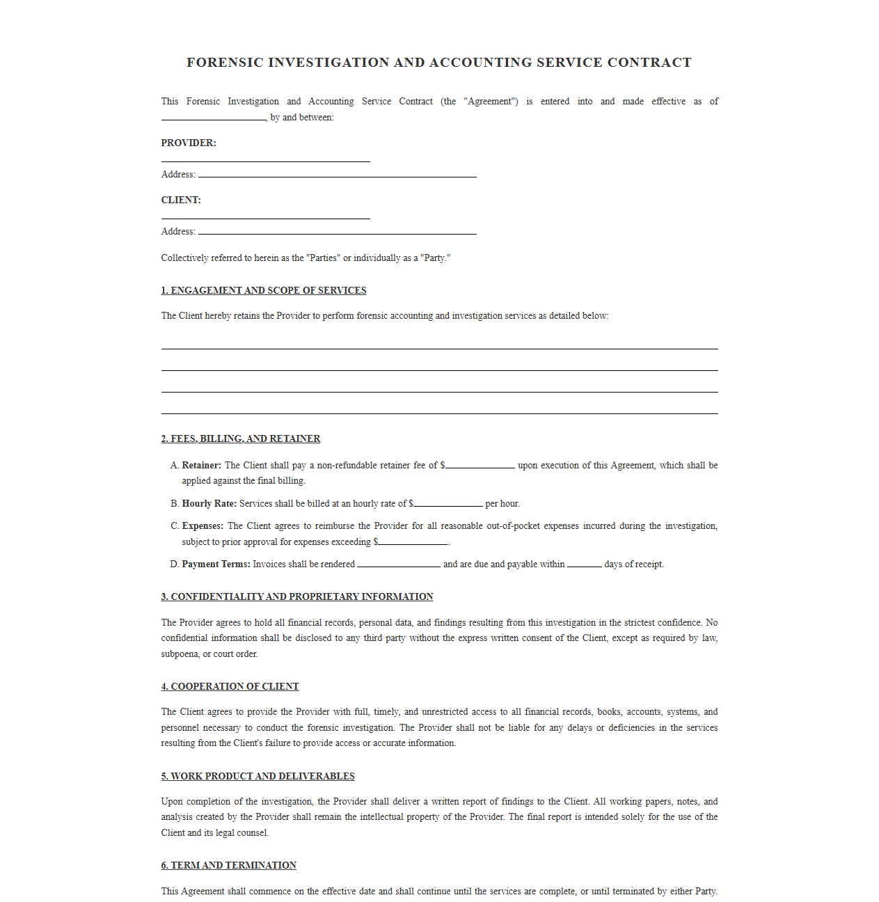Forensic Investigation and Accounting Service Contract