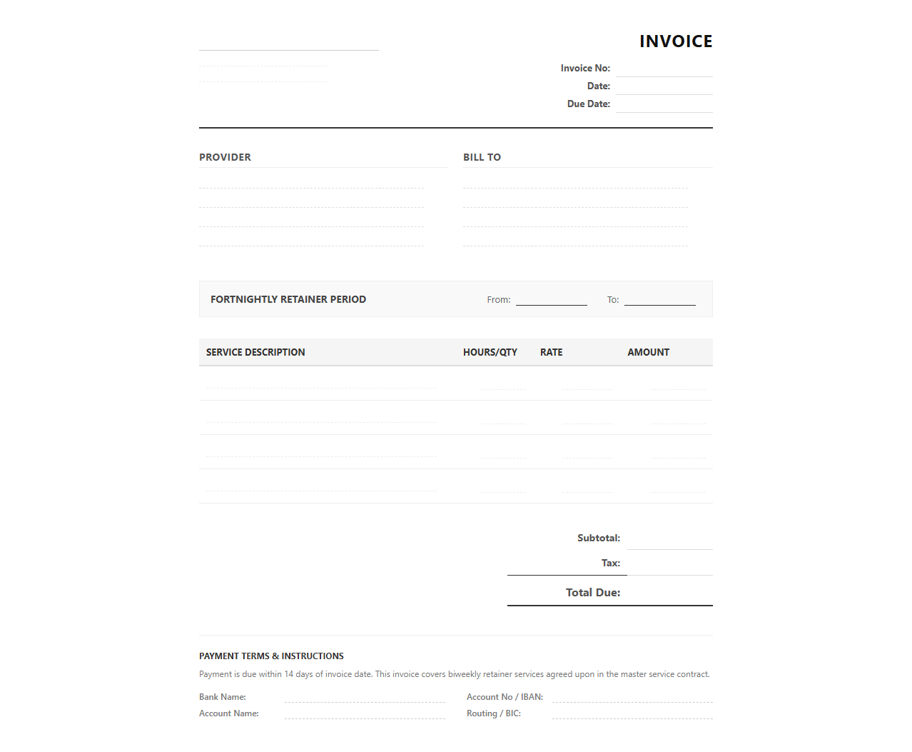 Fortnightly Retainer Billing Invoice Layout