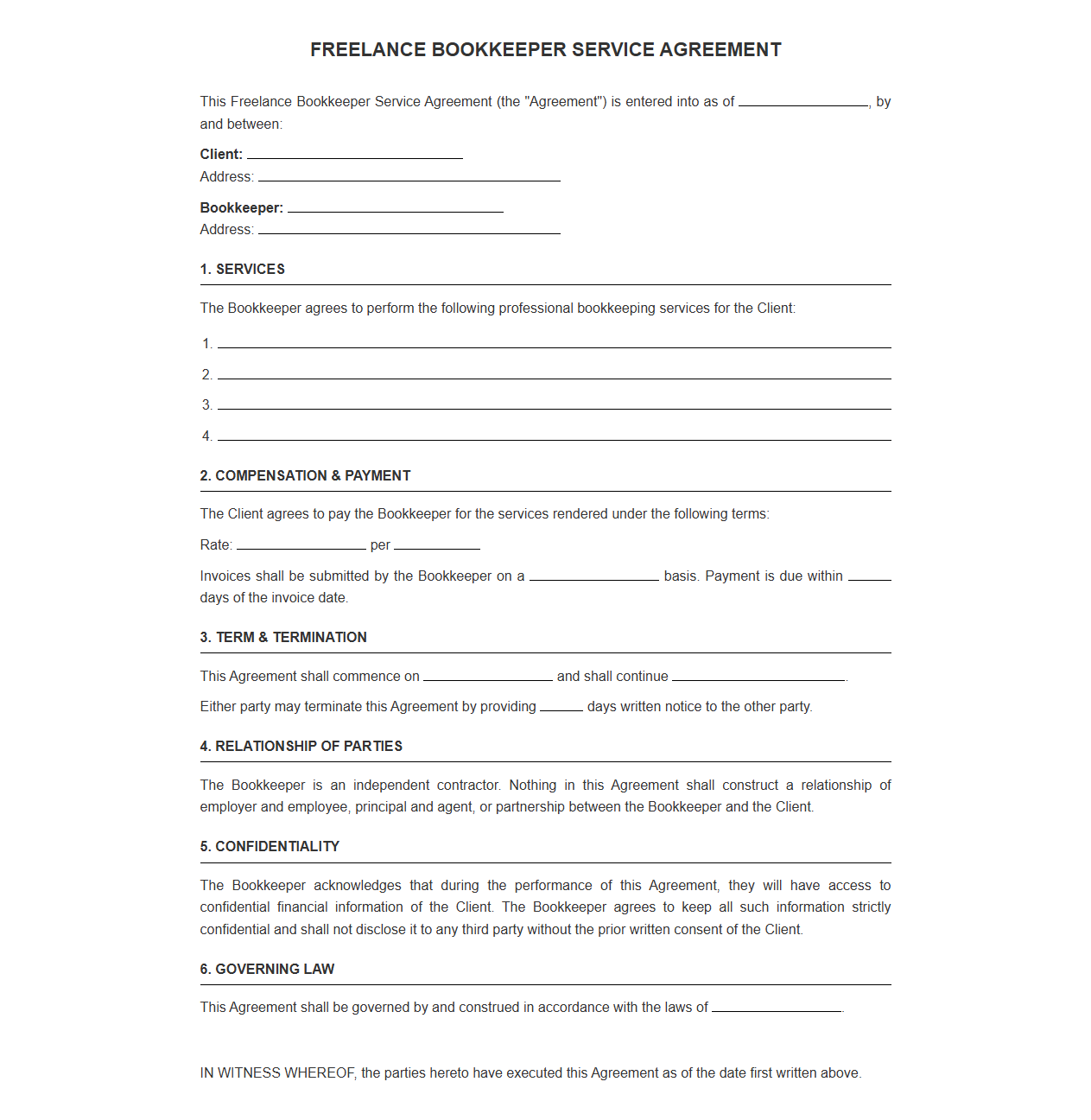 Freelance Bookkeeper Service Agreement Template