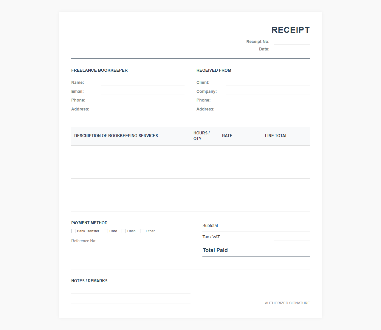 Freelance Bookkeeper Service Payment Receipt