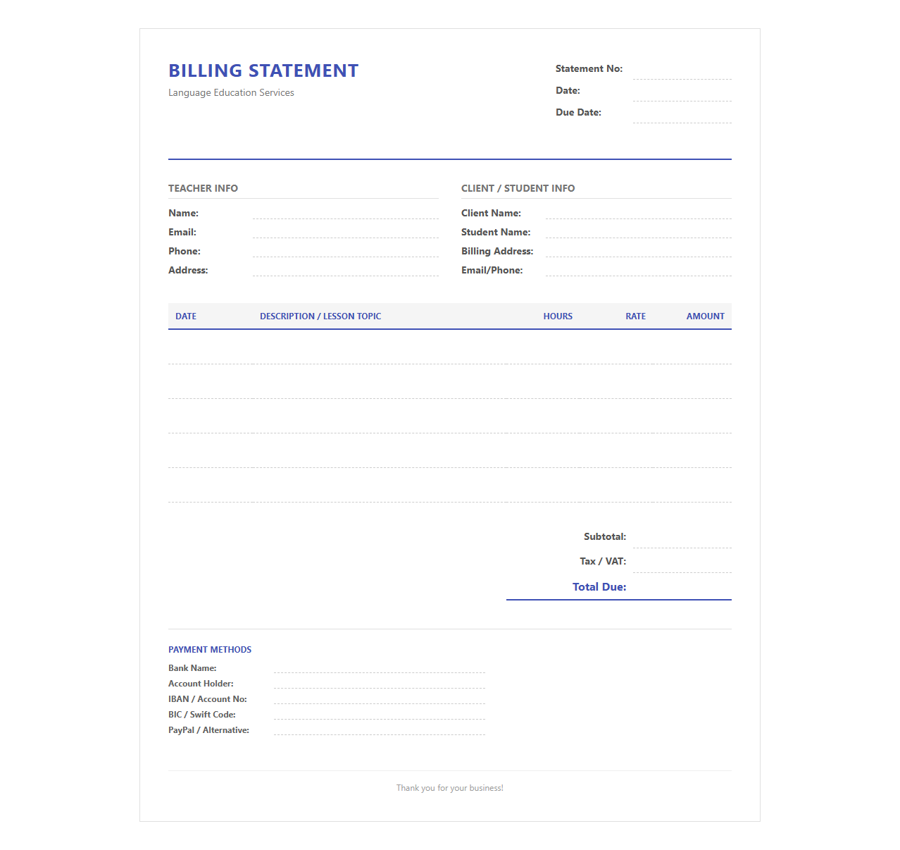 Freelance Language Teacher Billing Statement