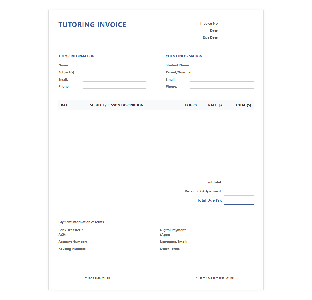 Freelance Tutor Service Invoice Template