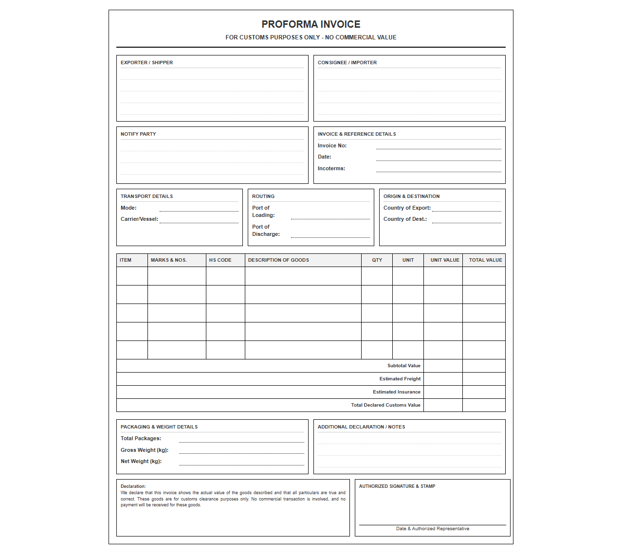 Freight Customs Clearance Proforma Invoice