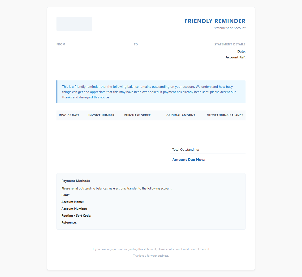 Friendly Reminder Credit Control Invoice Template