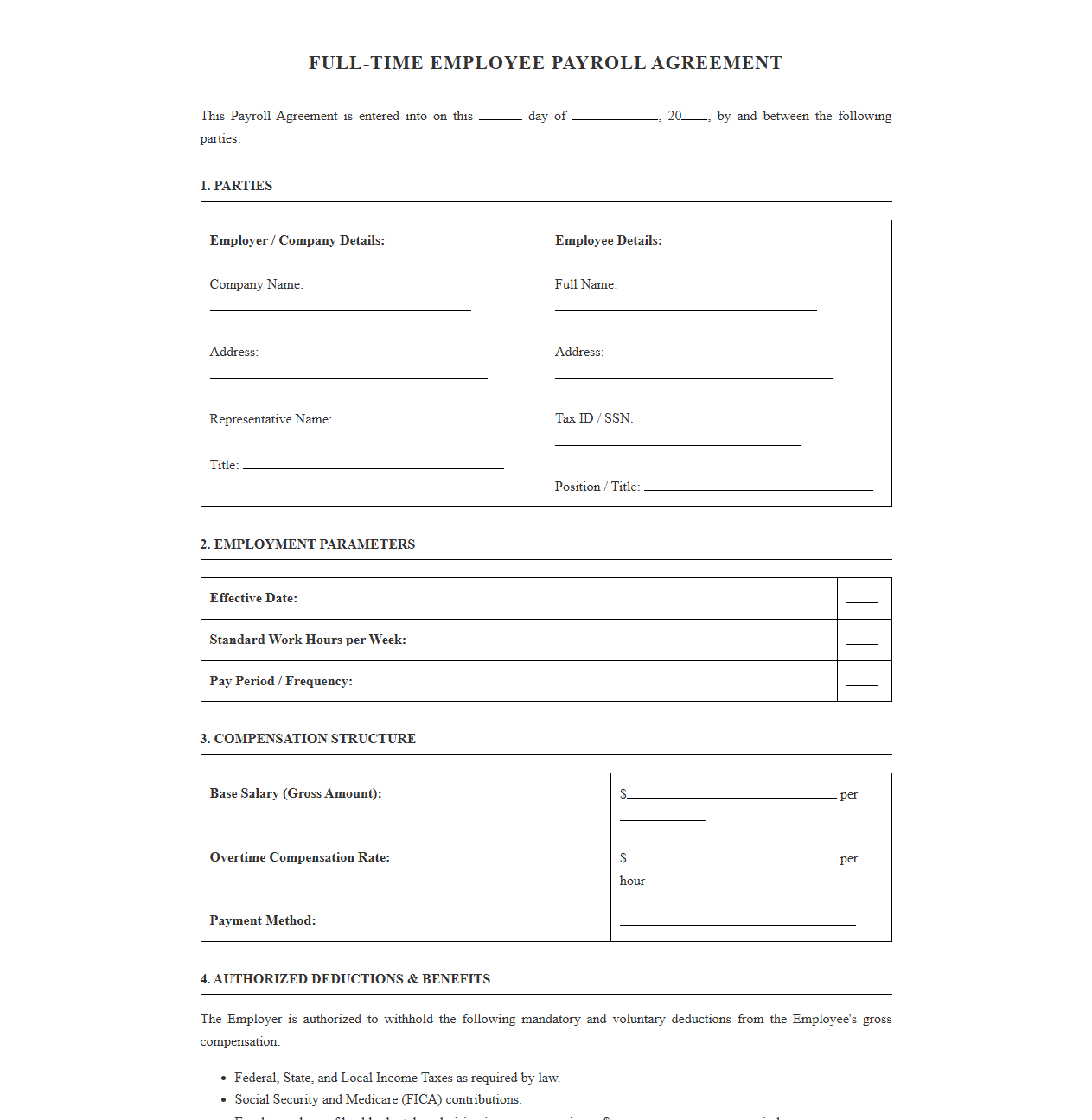 Full-Time Employee Payroll Agreement Template