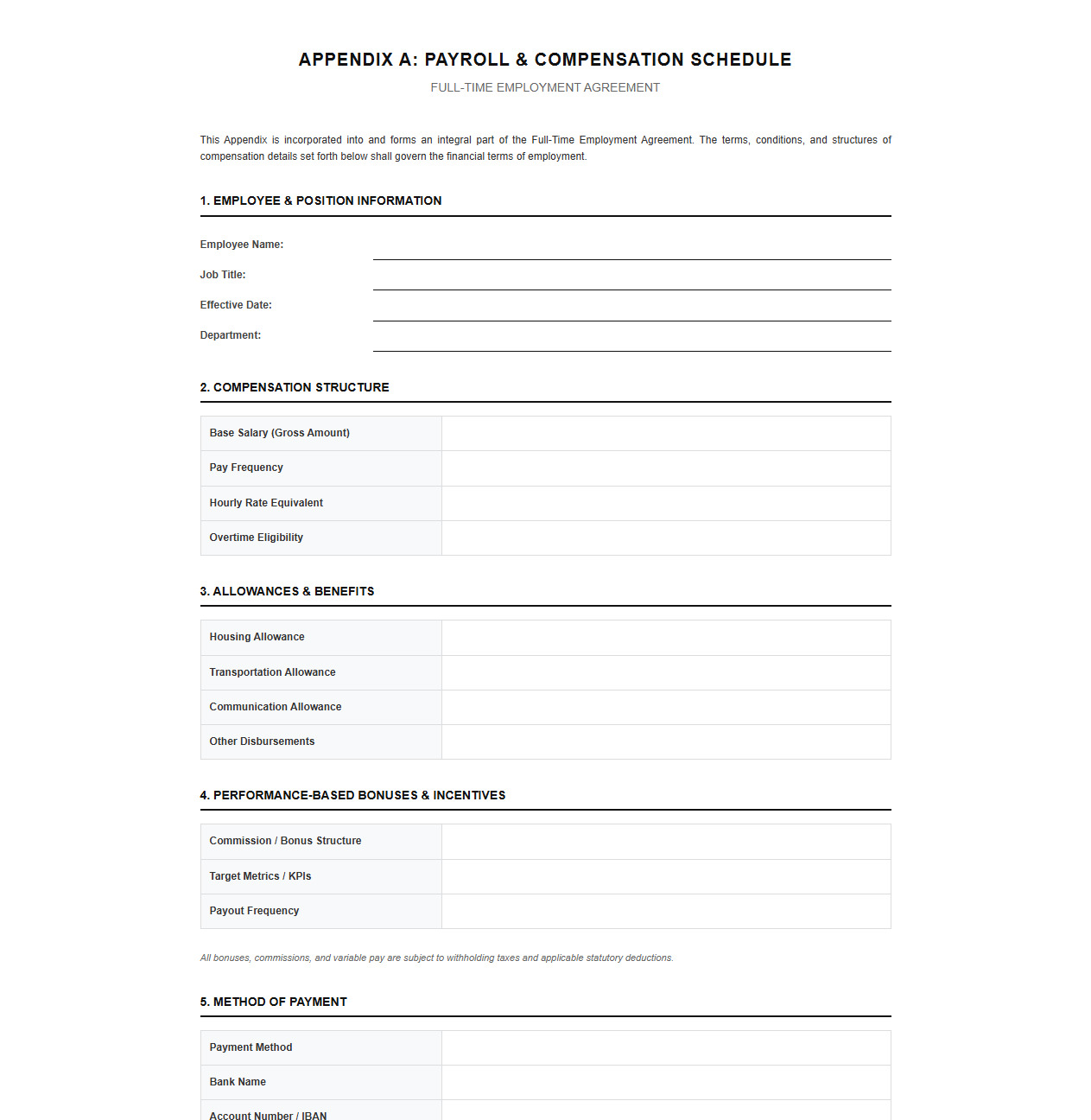 Full-Time Employment Agreement Payroll Appendix