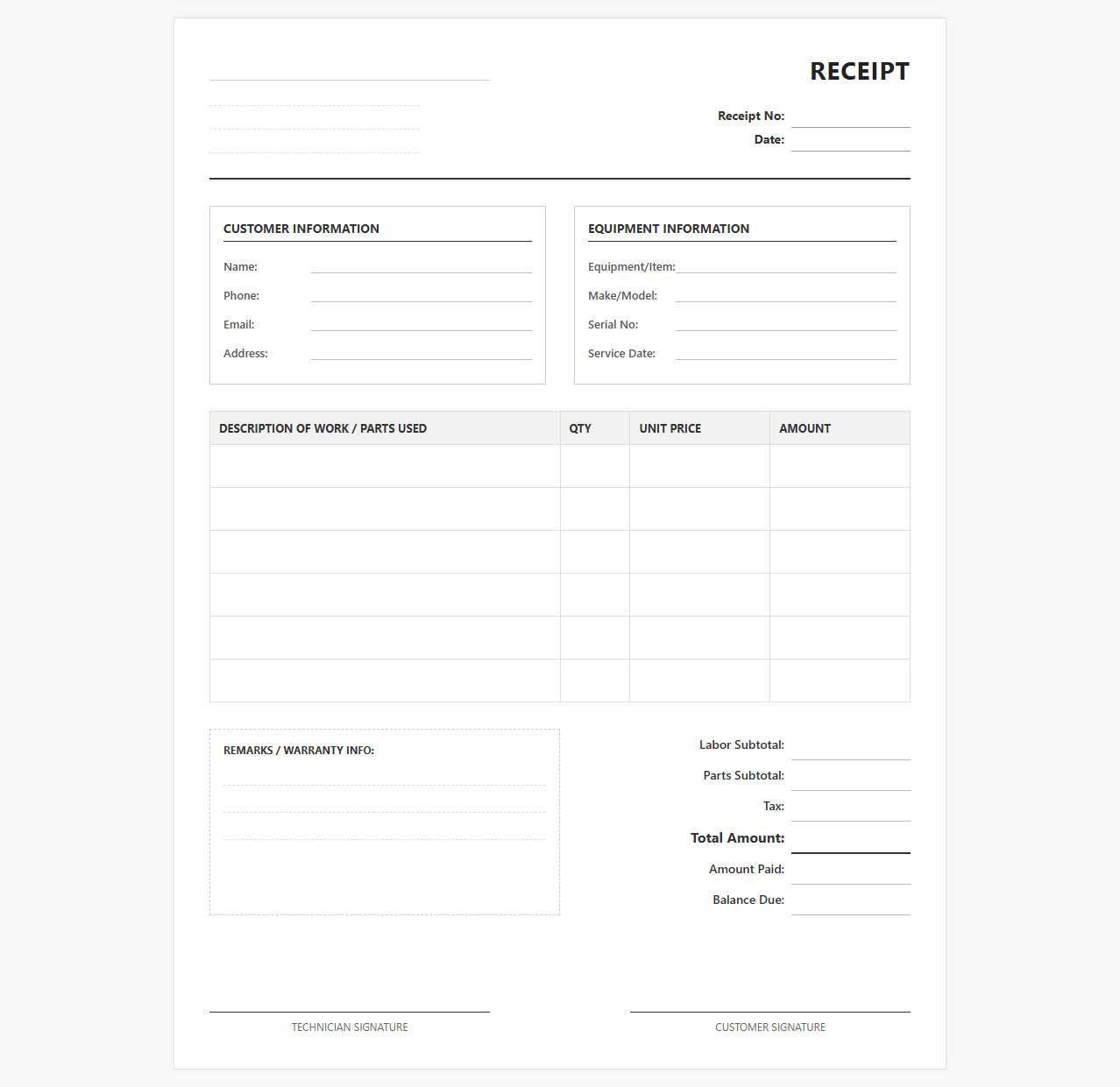 General Equipment Repair Service Receipt Template