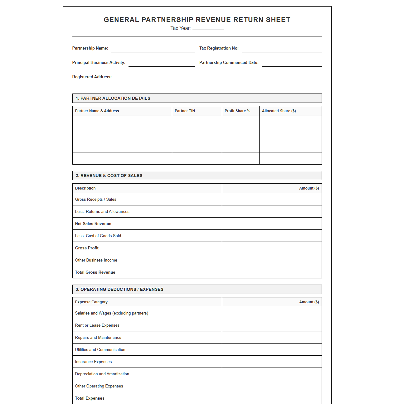 General Partnership Revenue Return Sheet