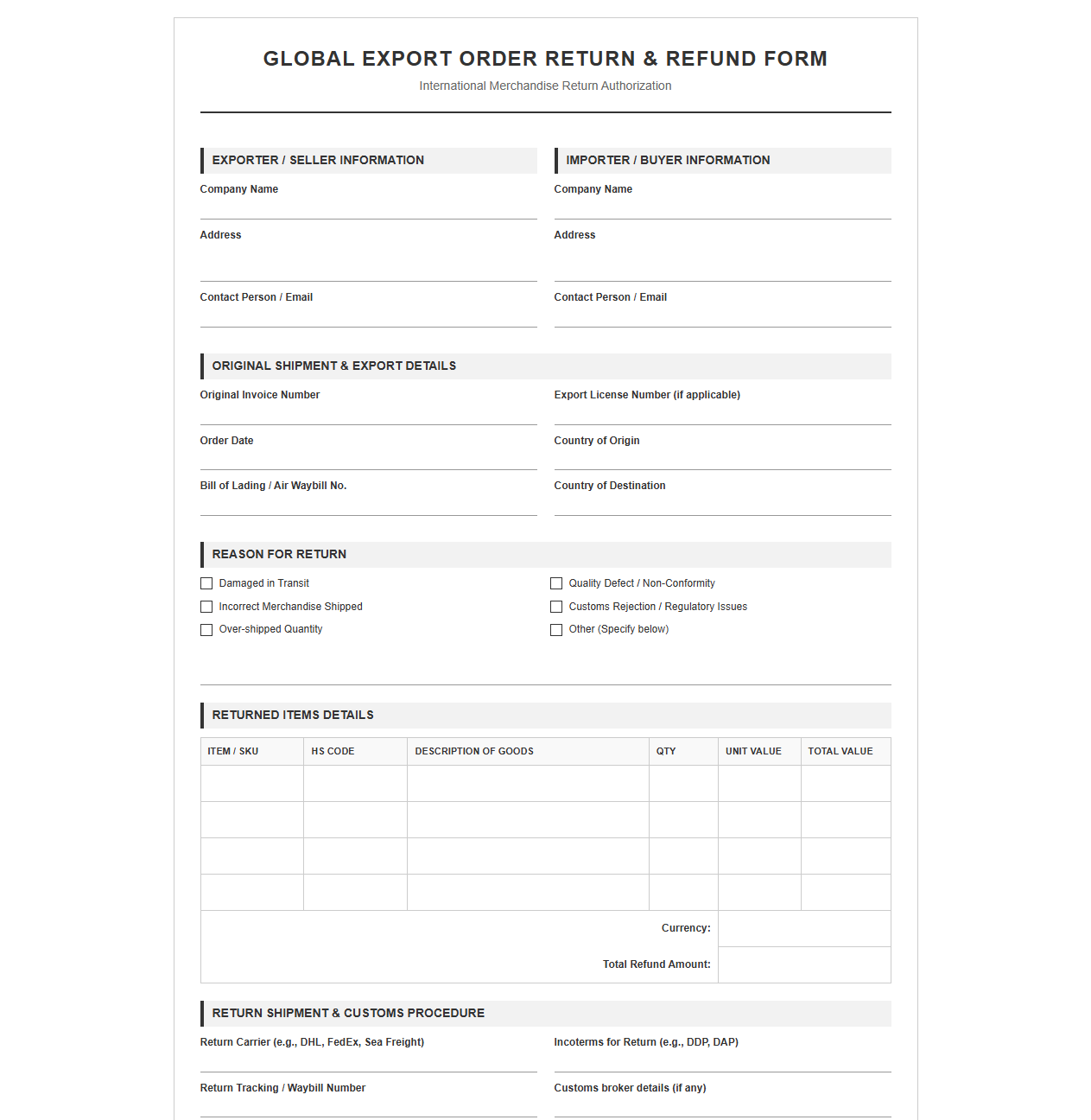 Global Export Order Return and Refund Template