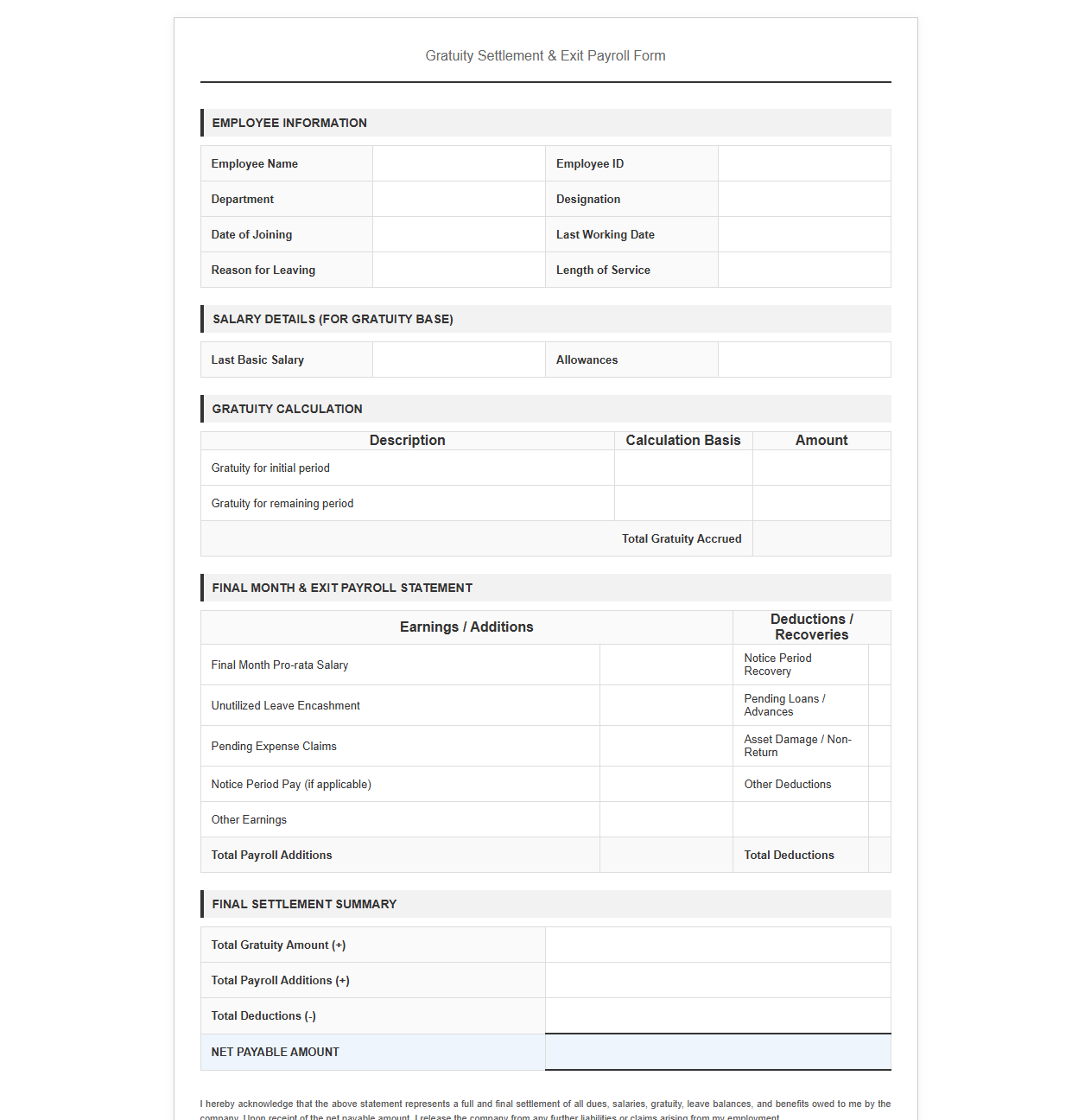 Gratuity Settlement and Exit Payroll Form