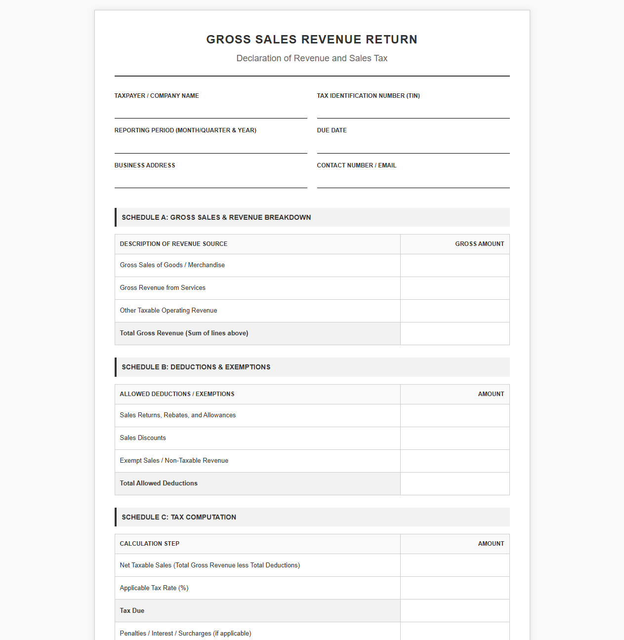 Gross Sales Revenue Return Template