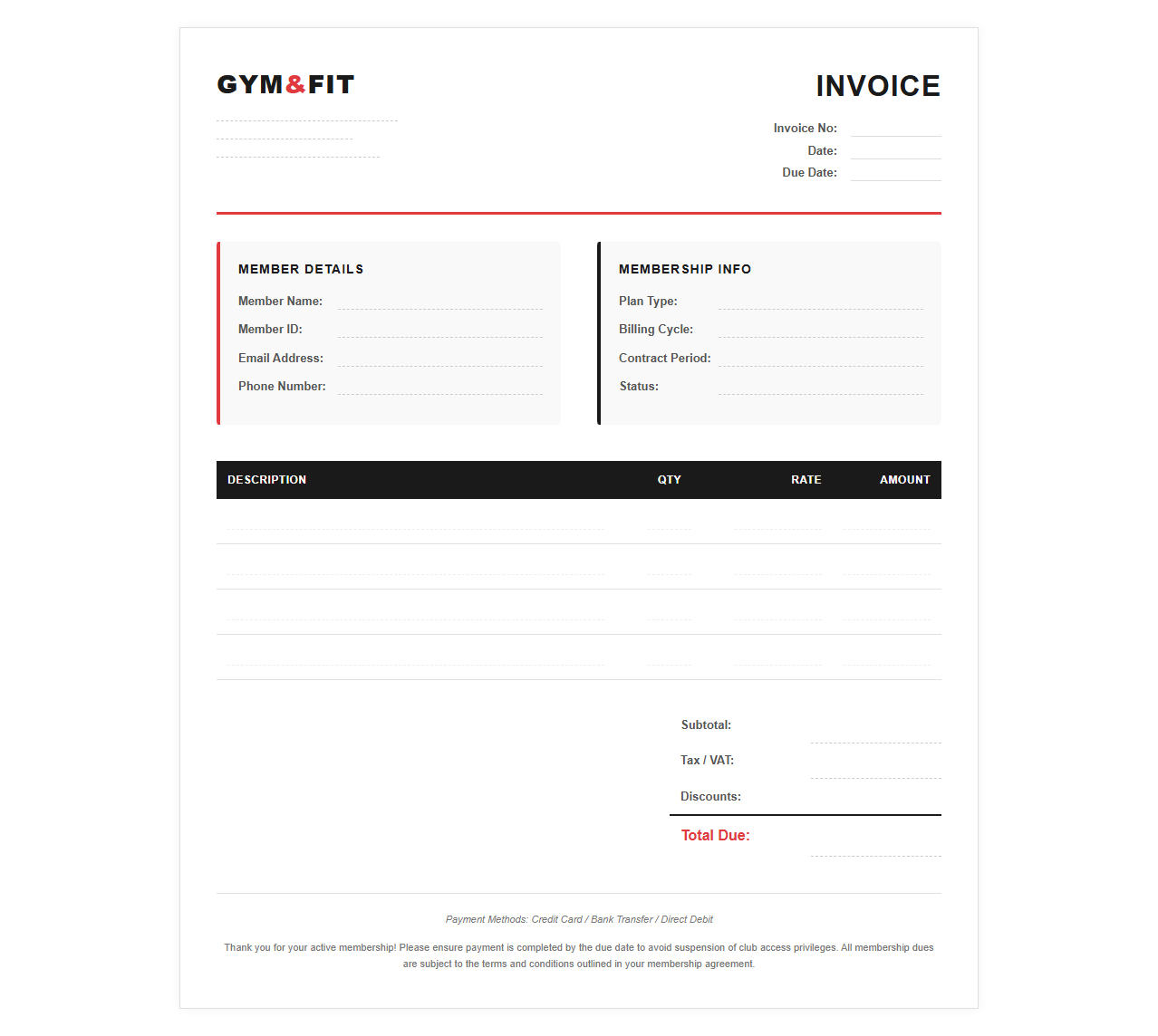 Gym and Fitness Club Membership Invoice