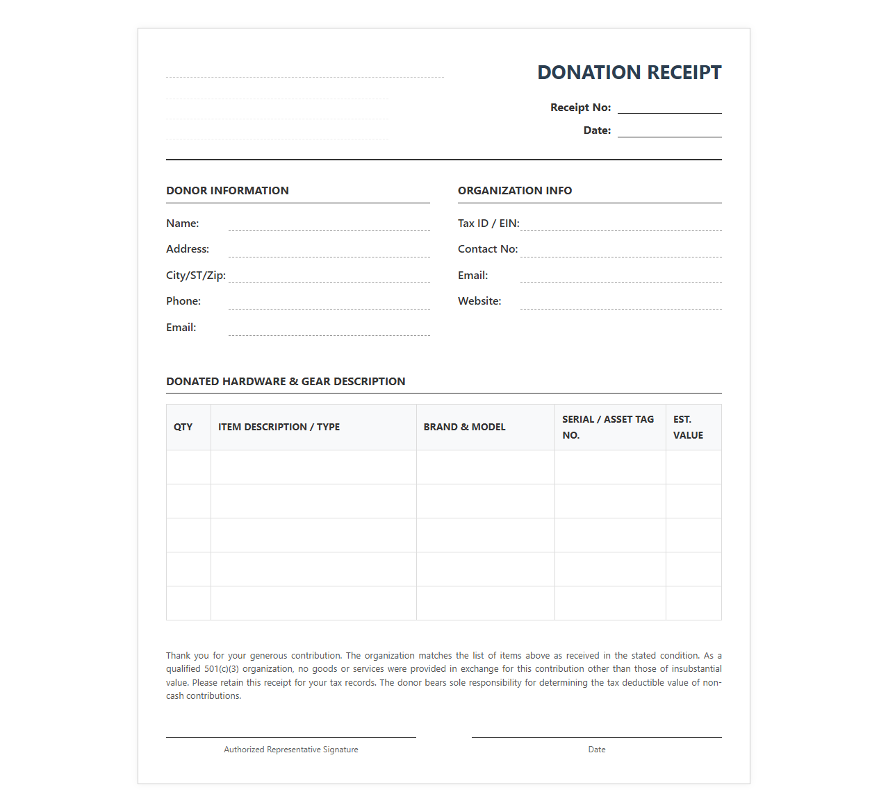 Hardware and Gear Donation Receipt