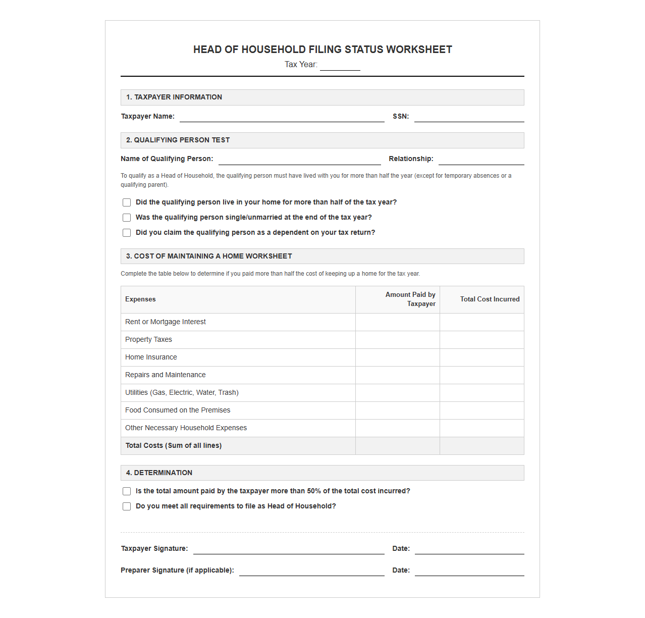 Head of Household Status Tax Return Worksheet