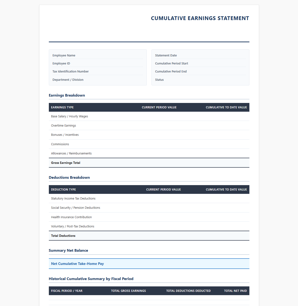 Historical Cumulative Earnings Statement Template