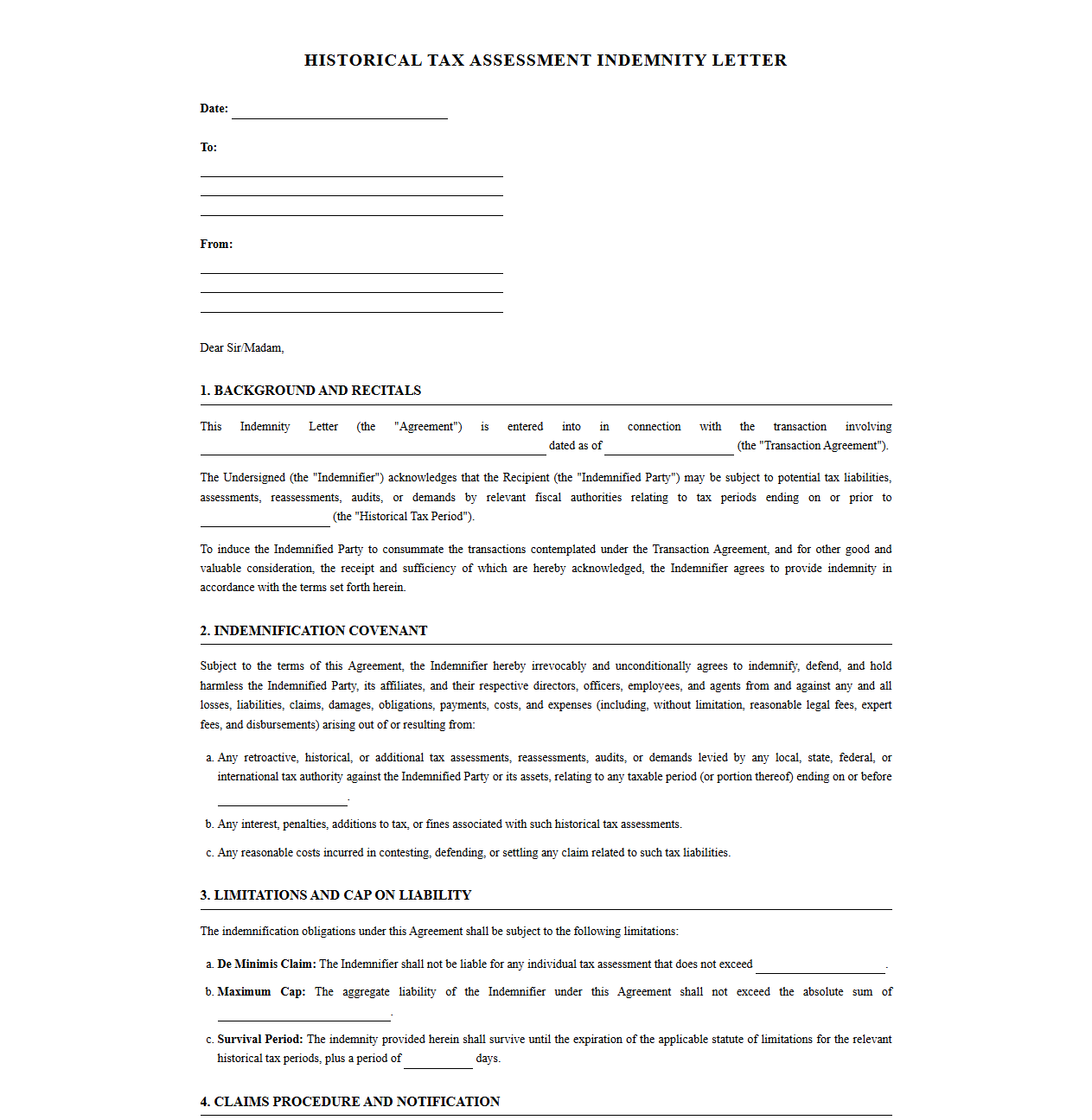 Historical Tax Assessment Indemnity Letter