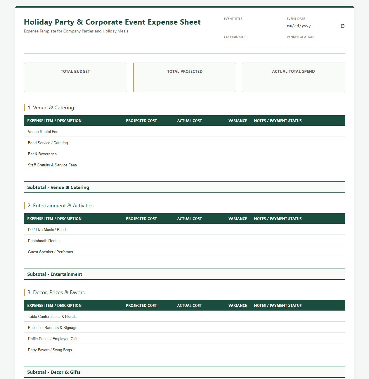 Holiday Party and Corporate Event Expense Spreadsheet