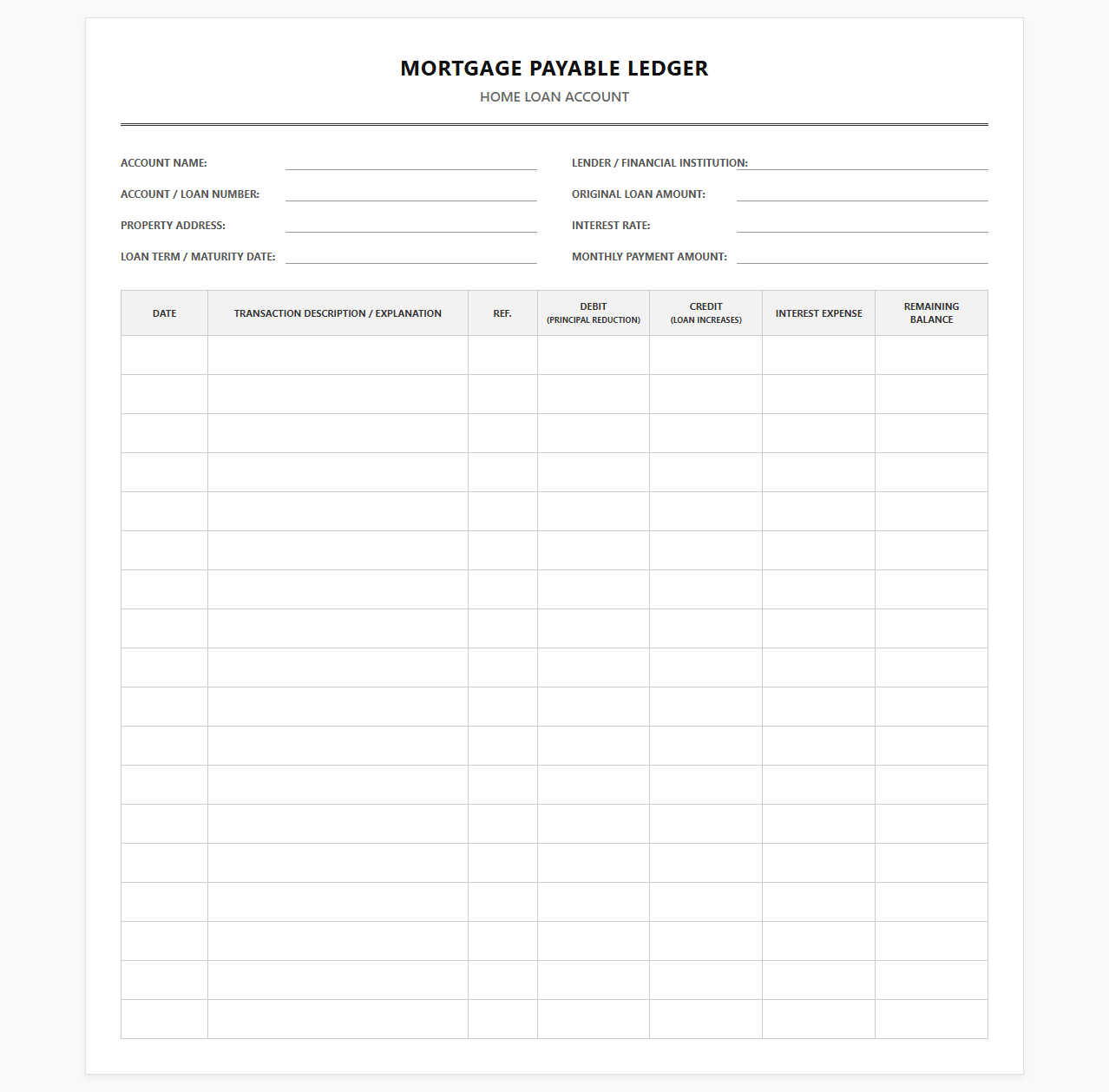 Home Loan Payable Accounting Ledger