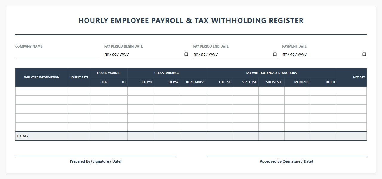Hourly Employee Payroll and Tax Withholding Register