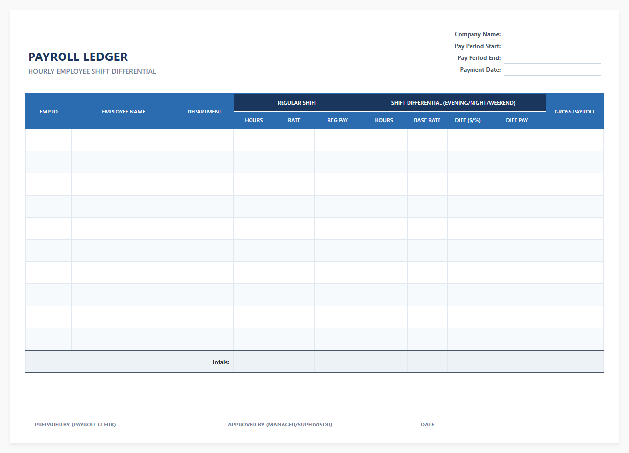 Hourly Employee Shift Differential Payroll Ledger