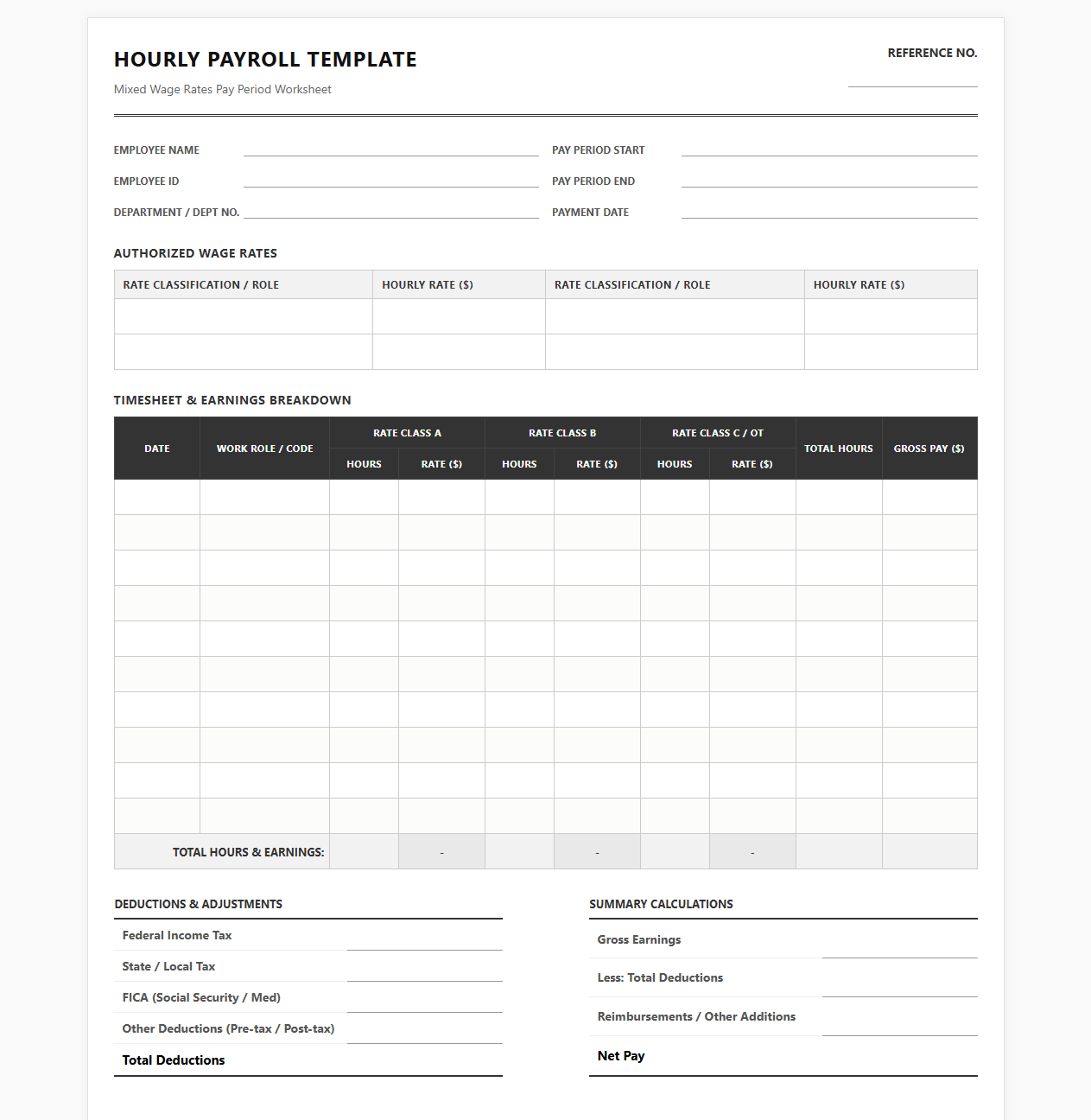 Hourly Payroll Template for Mixed Wage Rates