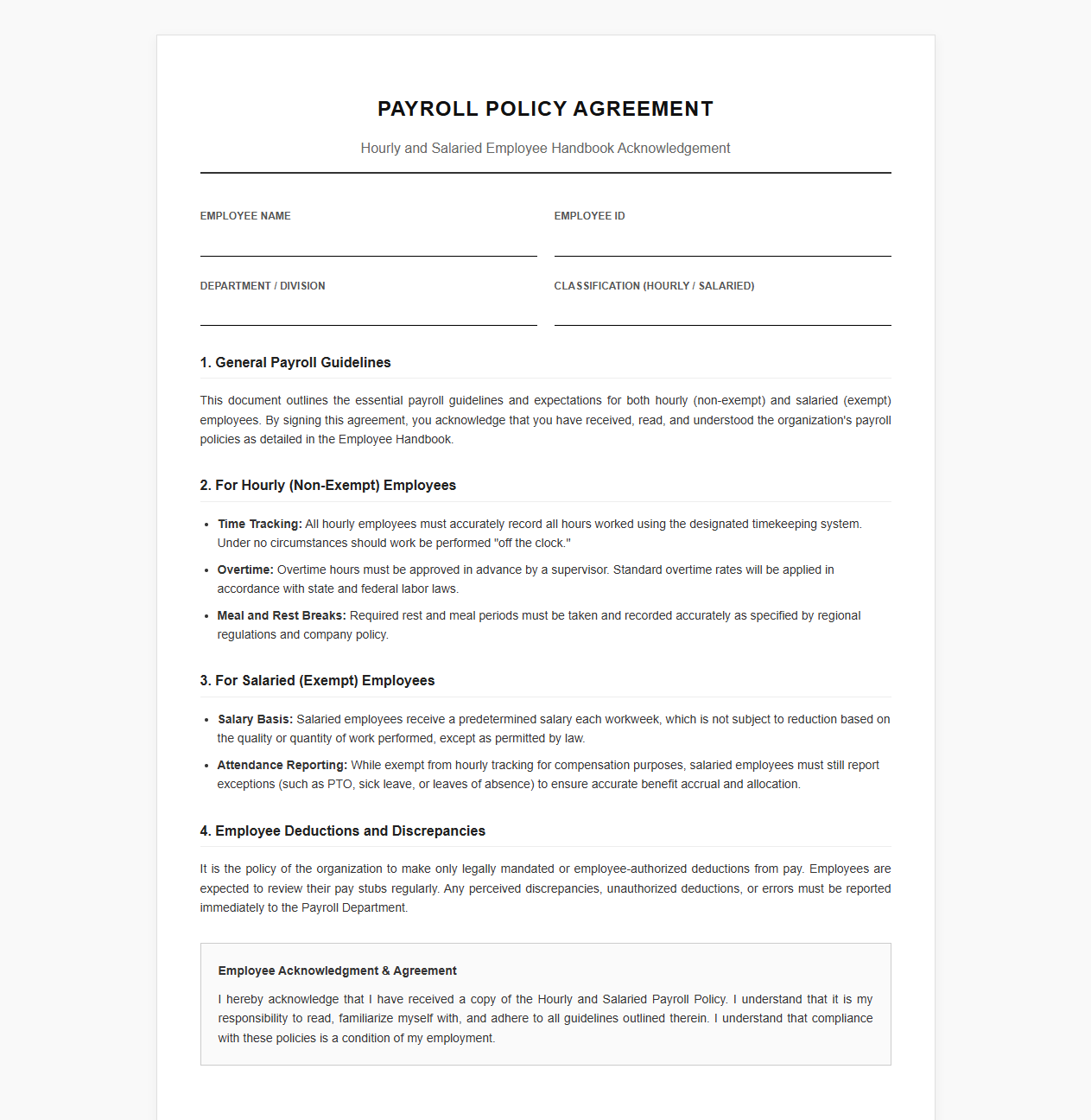 Hourly and Salaried Payroll Policy Handbook Agreement