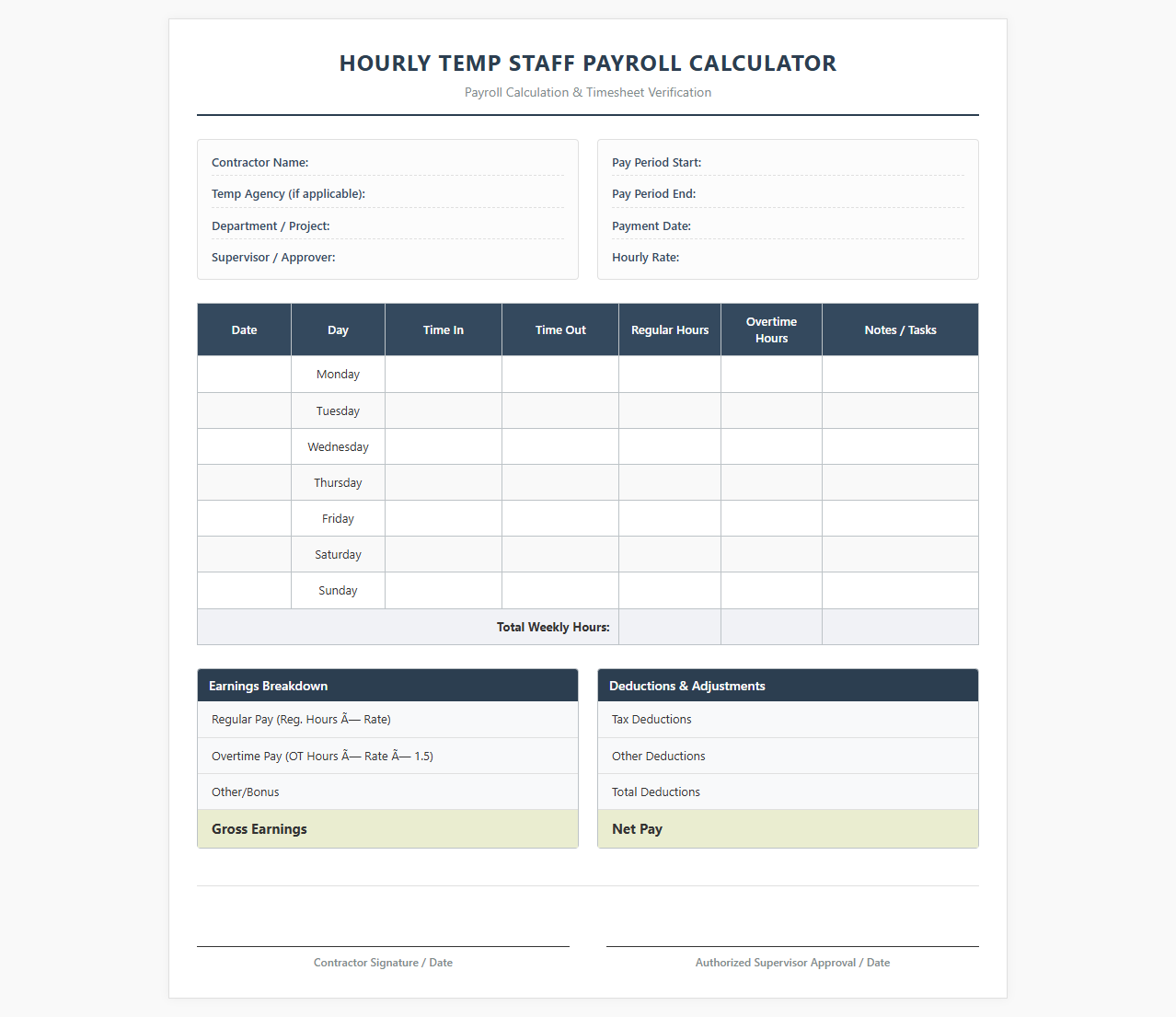 Hourly Temp Staff Payroll Calculator Sheet