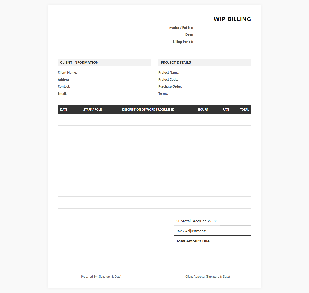 Hourly Work in Progress Billing Template