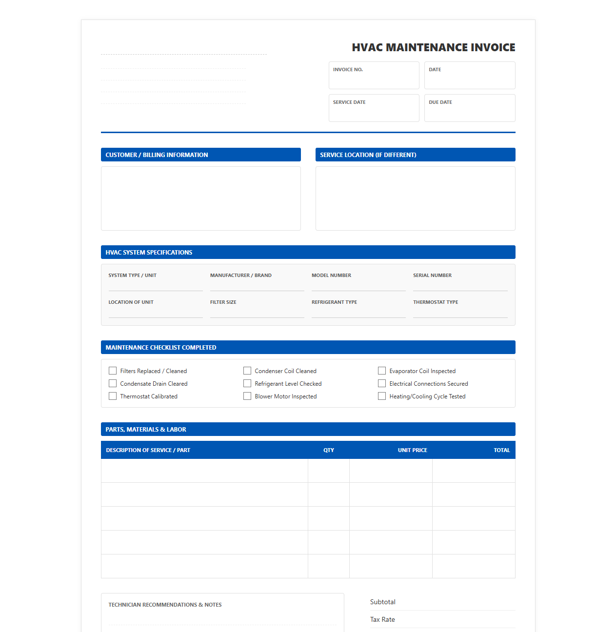 HVAC System Maintenance Service Invoice