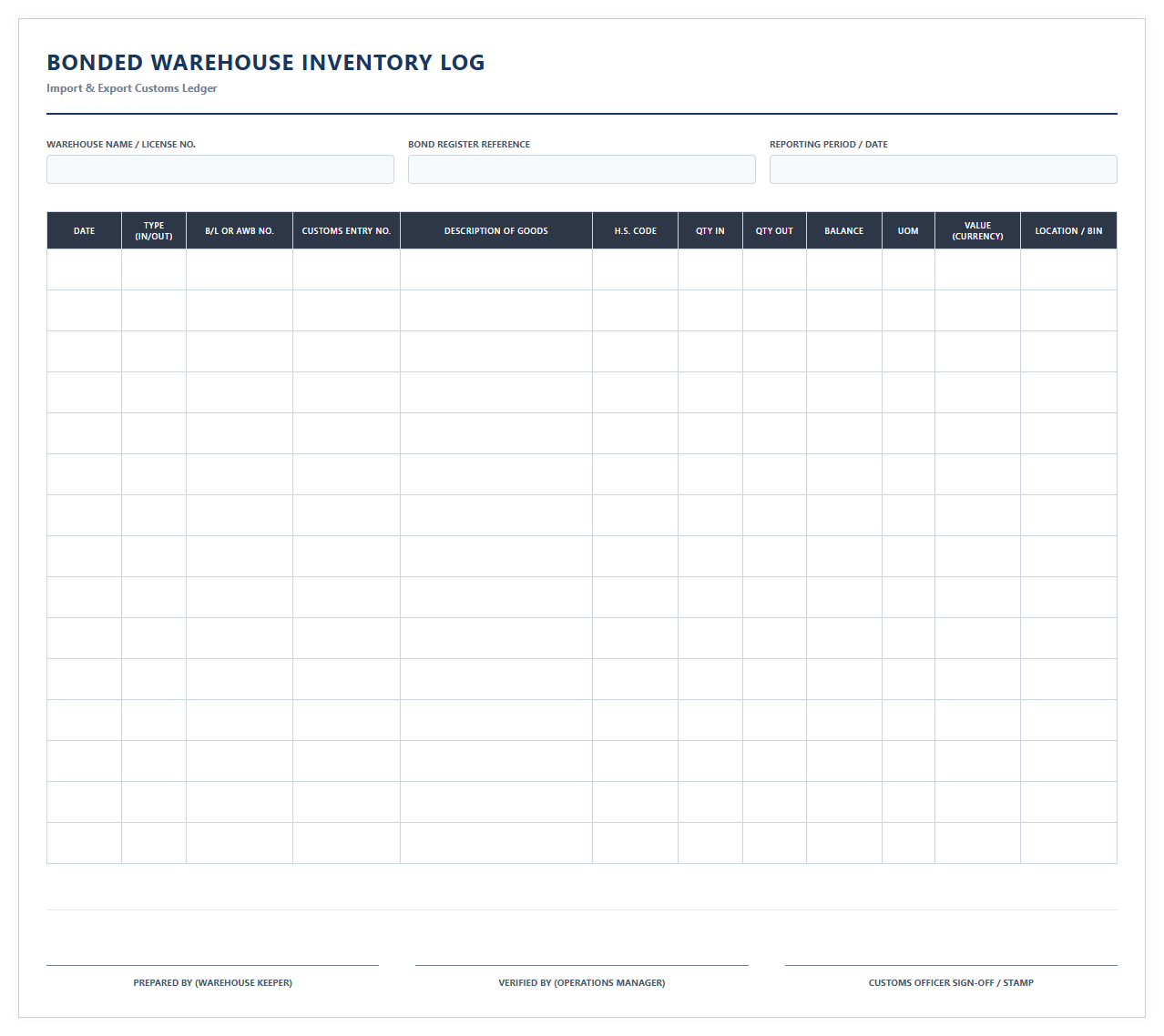 Import Export Bonded Warehouse Log